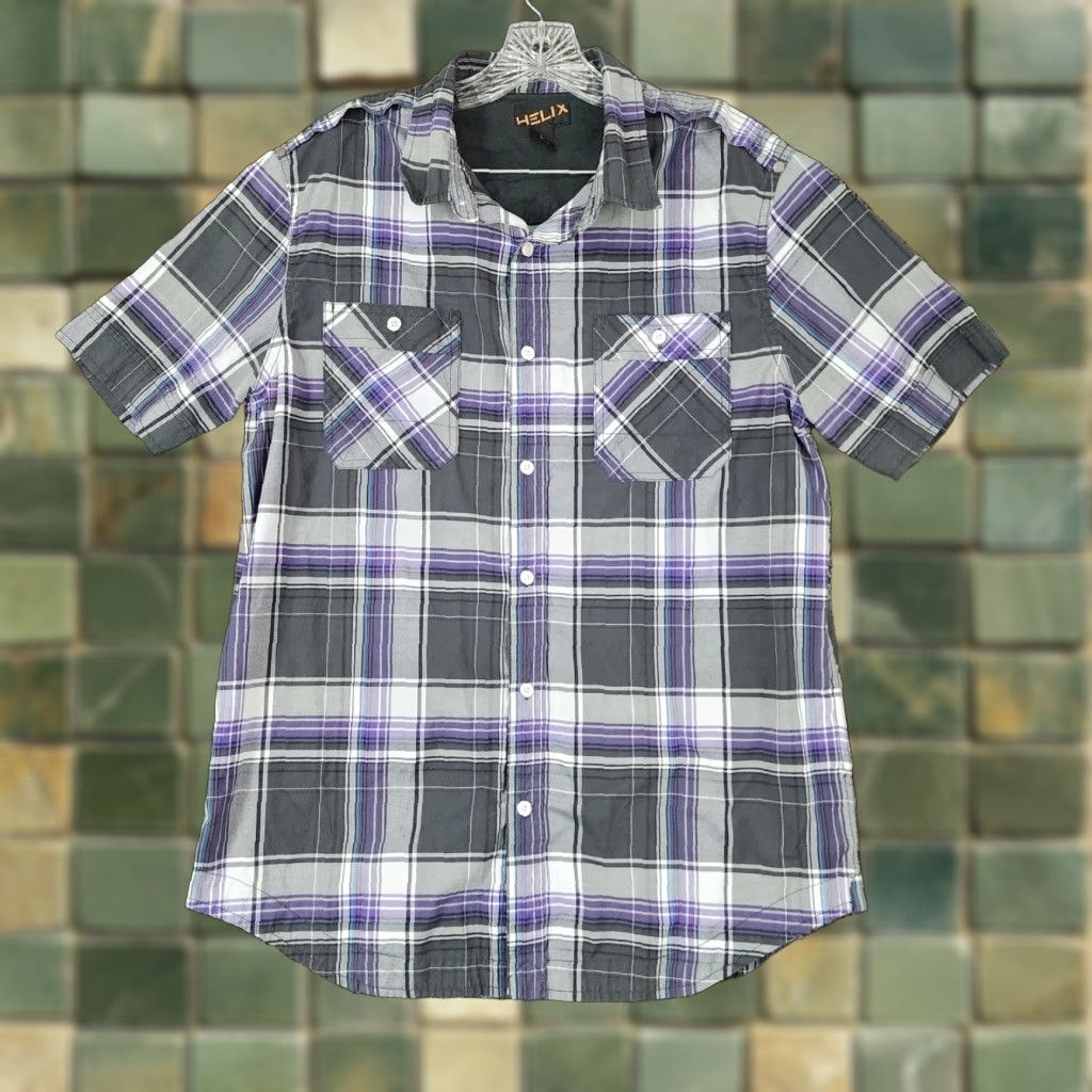 Vintage Helix Mens Plaid Short Sleeve Button Up Shirt Large Black Purple Size US 33 - 1 Thumbnail