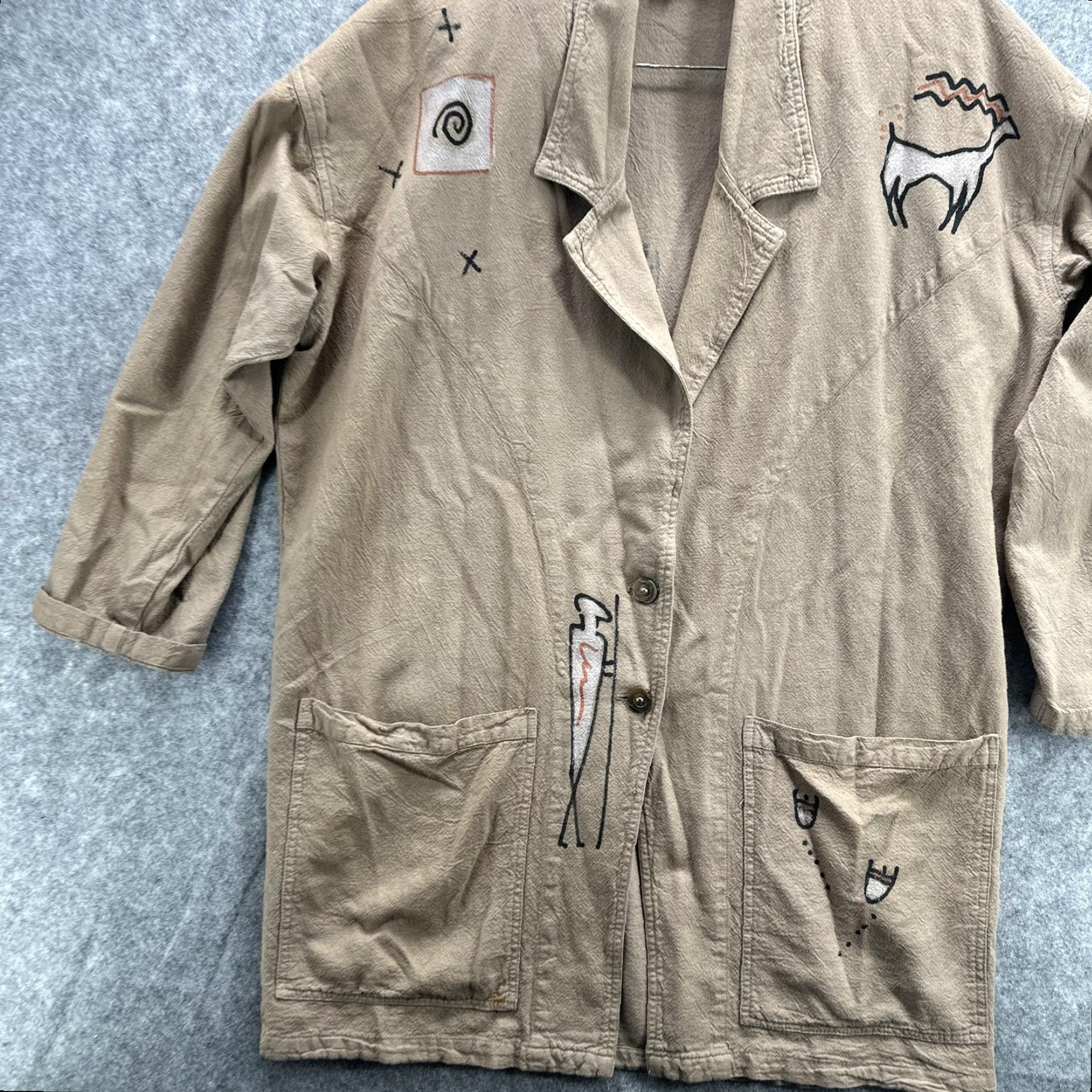 Vintage VINTAGE Cotton U.S.A. Jacket Womens XS Tan Southwestern Petroglyph Lagenlook Jacket Size XS / US 0-2 / IT 36-38 - 3 Thumbnail