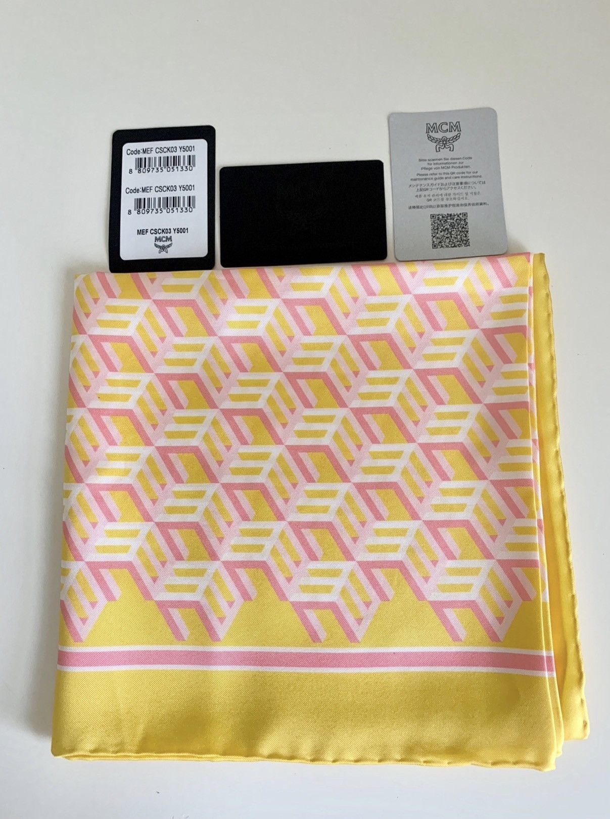 MCM Auth MCM 100% Silk Geometric Cube Scarf - Yellow & Pink BNWT Size ONE SIZE - 1 Thumbnail