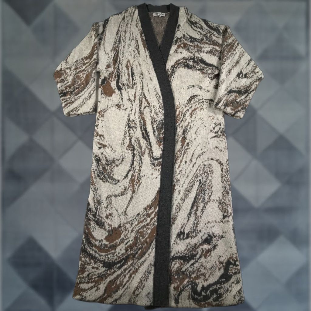 VINTAGE St John Women’s Cardigan Knit Sweater Open Front Geometric Gray Multi 80s Classic Medium