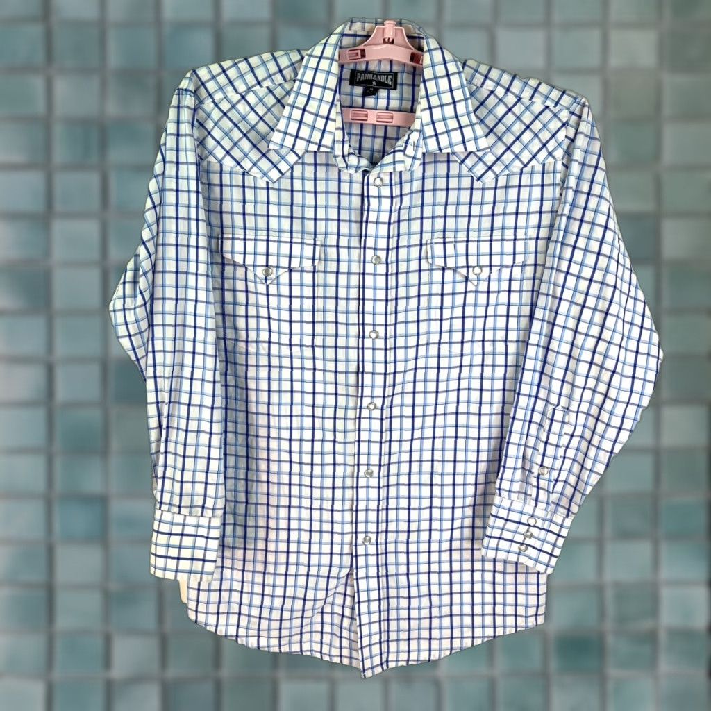 Vintage Panhandle Slim Pearl Snap Checked Button Up Shirt Mens Size M White Blue 15.5/3 Long Sleeve Chest 44 in Button-Up Western Pattern Check Vintage No N/A Size US L / EU 52-54 / 3 - 1 Thumbnail