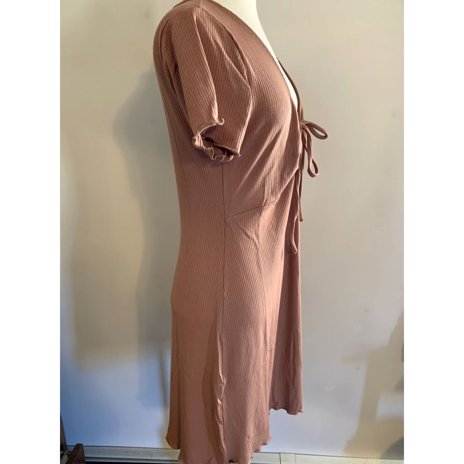 Vintage BP Tie Front Lettuce Edge Mini Dress - Tan Mocha L Size - Casual Office Siren Size L / US 10 / IT 46 - 3 Thumbnail
