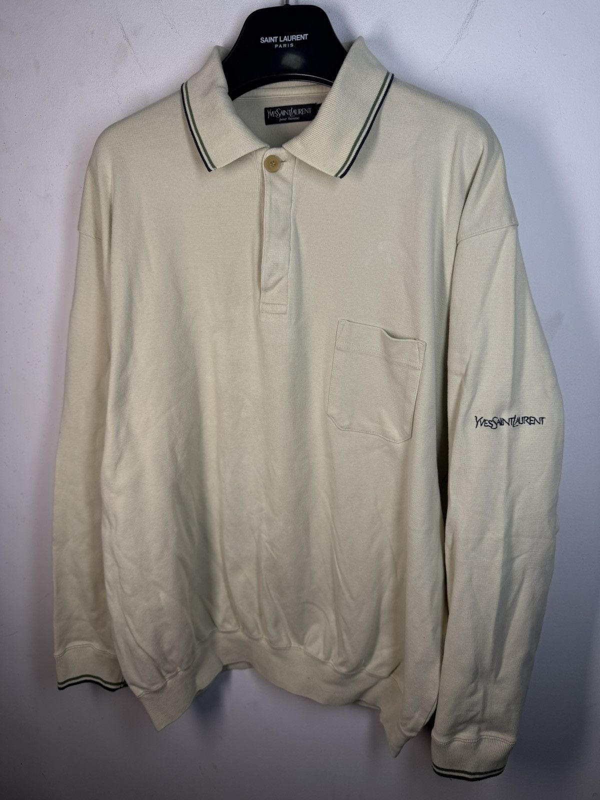 Yves Saint Laurent 90s Beige YSL Sweatshirt 1/4 Button Up Sweater Rugby Shirt Size US XL / EU 56 / 4 - 11 Thumbnail