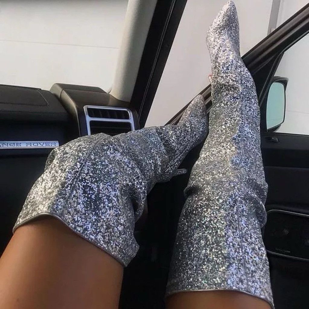 Other Silver Thigh High Pointed Toe Stiletto Heel Boot Women’s 6.5 Size US 6.5 / IT 36.5 - 8 Thumbnail