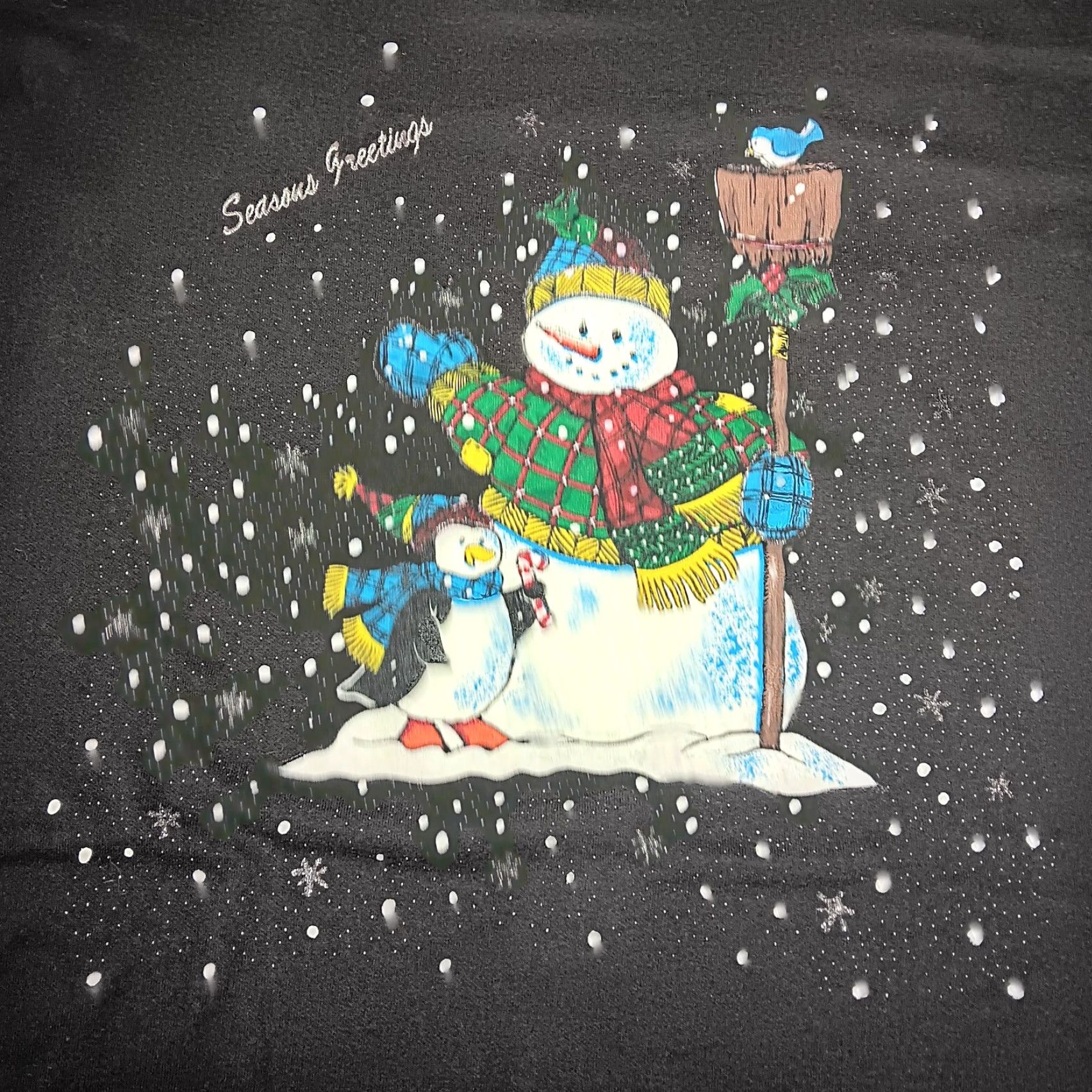 Vintage VINTAGE Holiday Time Sweatshirt XL Black Mock Neck Snowman Penguin Seasons Greetings Christmas Winter Puffy Graphic Glitter Womens Size XL / US 12-14 / IT 48-50 - 4 Thumbnail