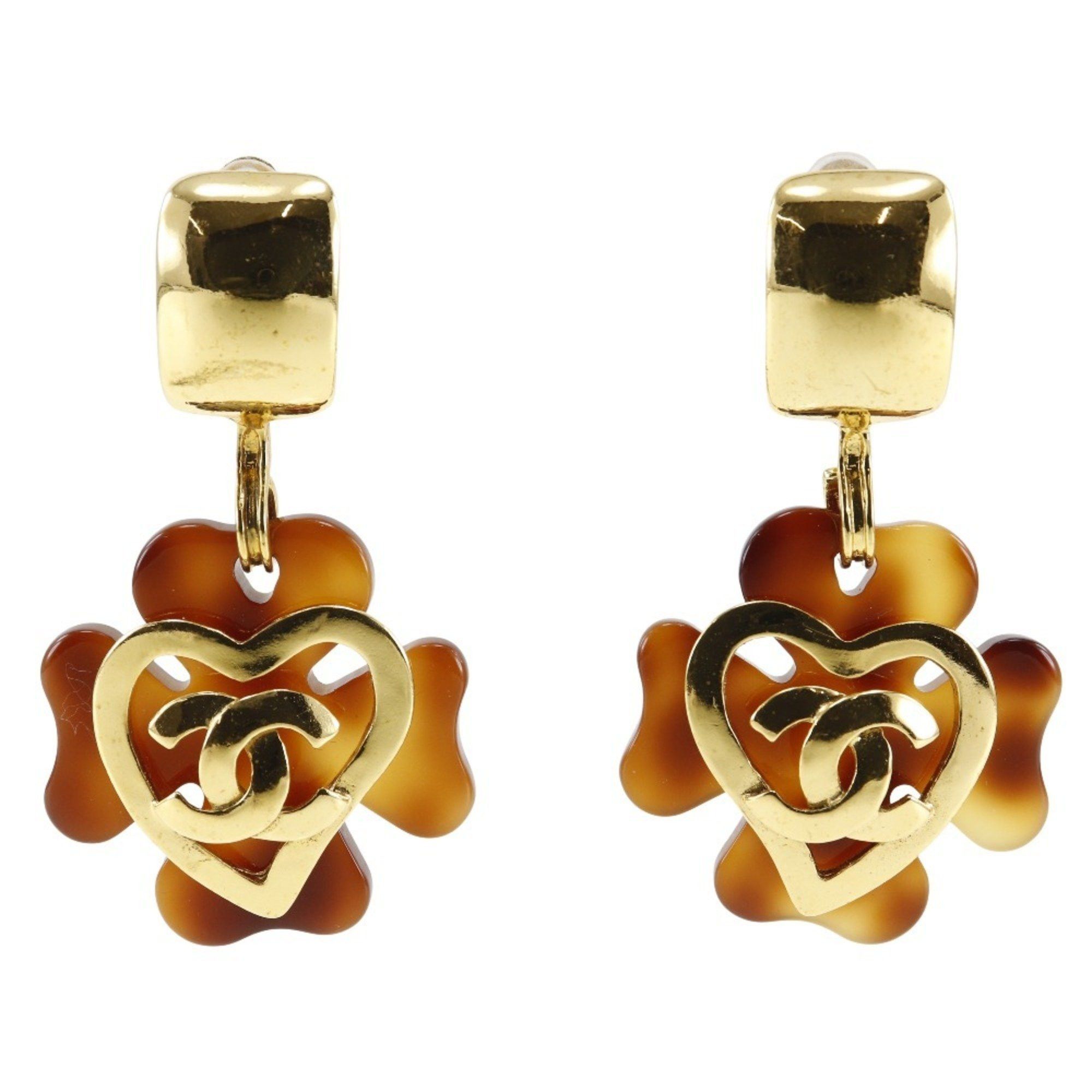 Chanel CHANEL Coco Mark Heart Earrings Clover Gold Plated x Plastic 1995 Brown 95P Approx. 36.0g COCO Women's Size ONE SIZE - 1 Thumbnail