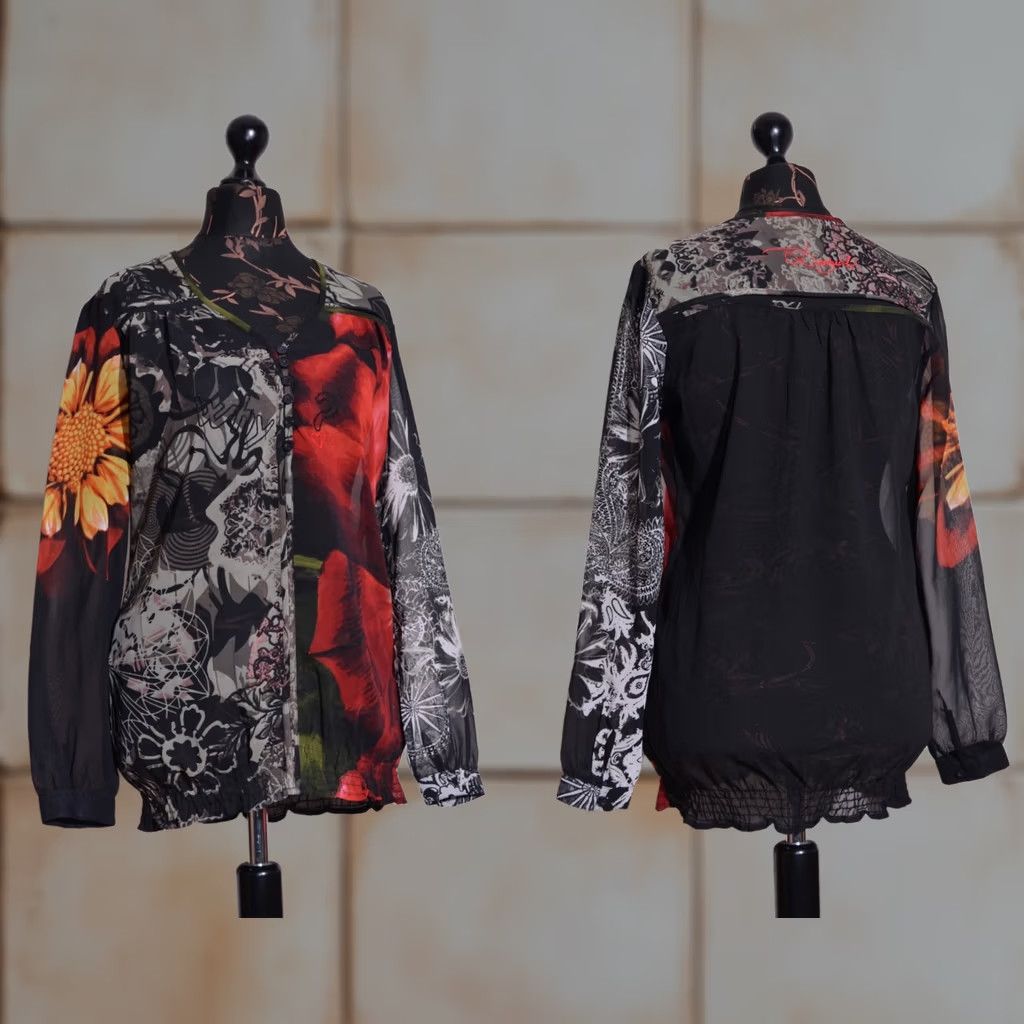 Desigual Desigual Women's Black Sheer Blouse Top Long Sleeve Flower Print Size L Size L / US 10 / IT 46 - 1 Thumbnail