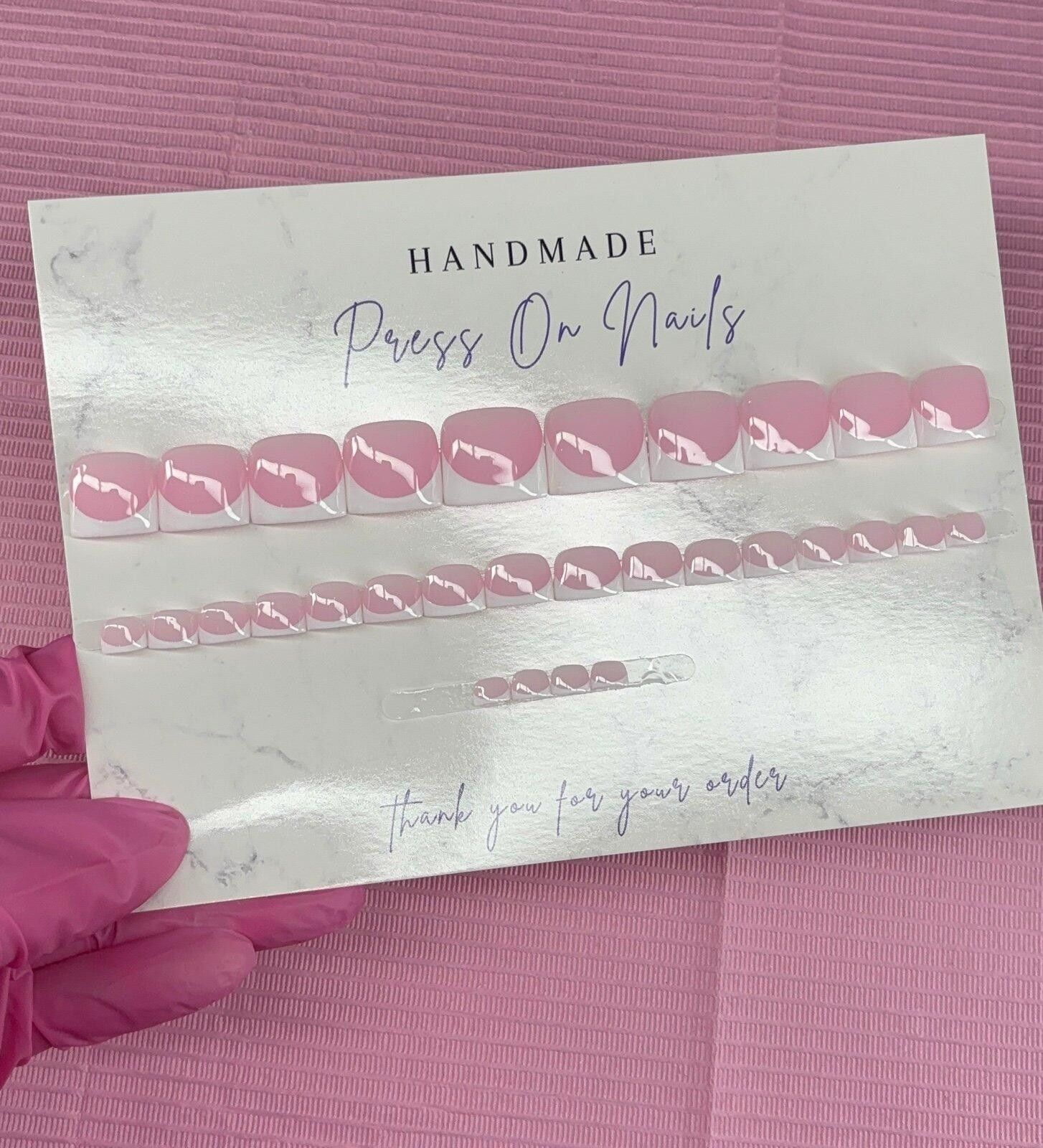 Handmade press on toenails pink nude white French tips handmade gel Size ONE SIZE - 5 Thumbnail