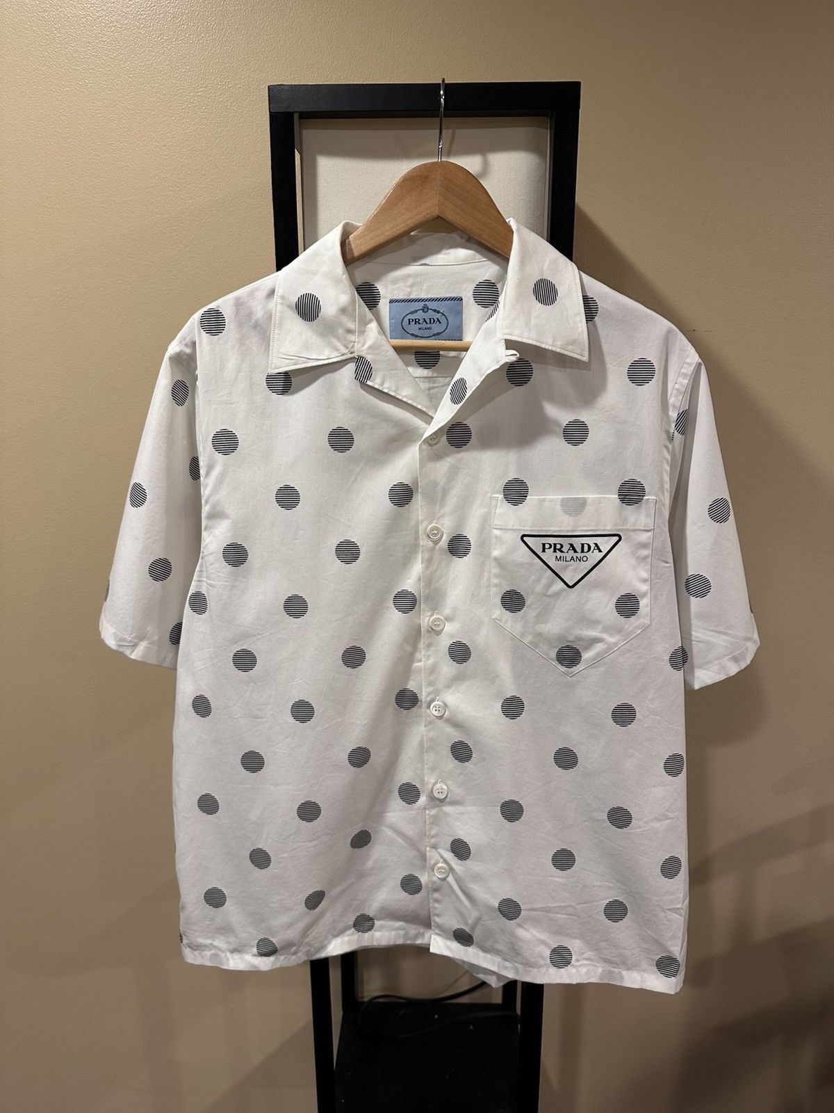Prada Prada Polka-Dot White Triangle Logo Bowling Button Up Shirt Size US M / EU 48-50 / 2 - 16 Thumbnail