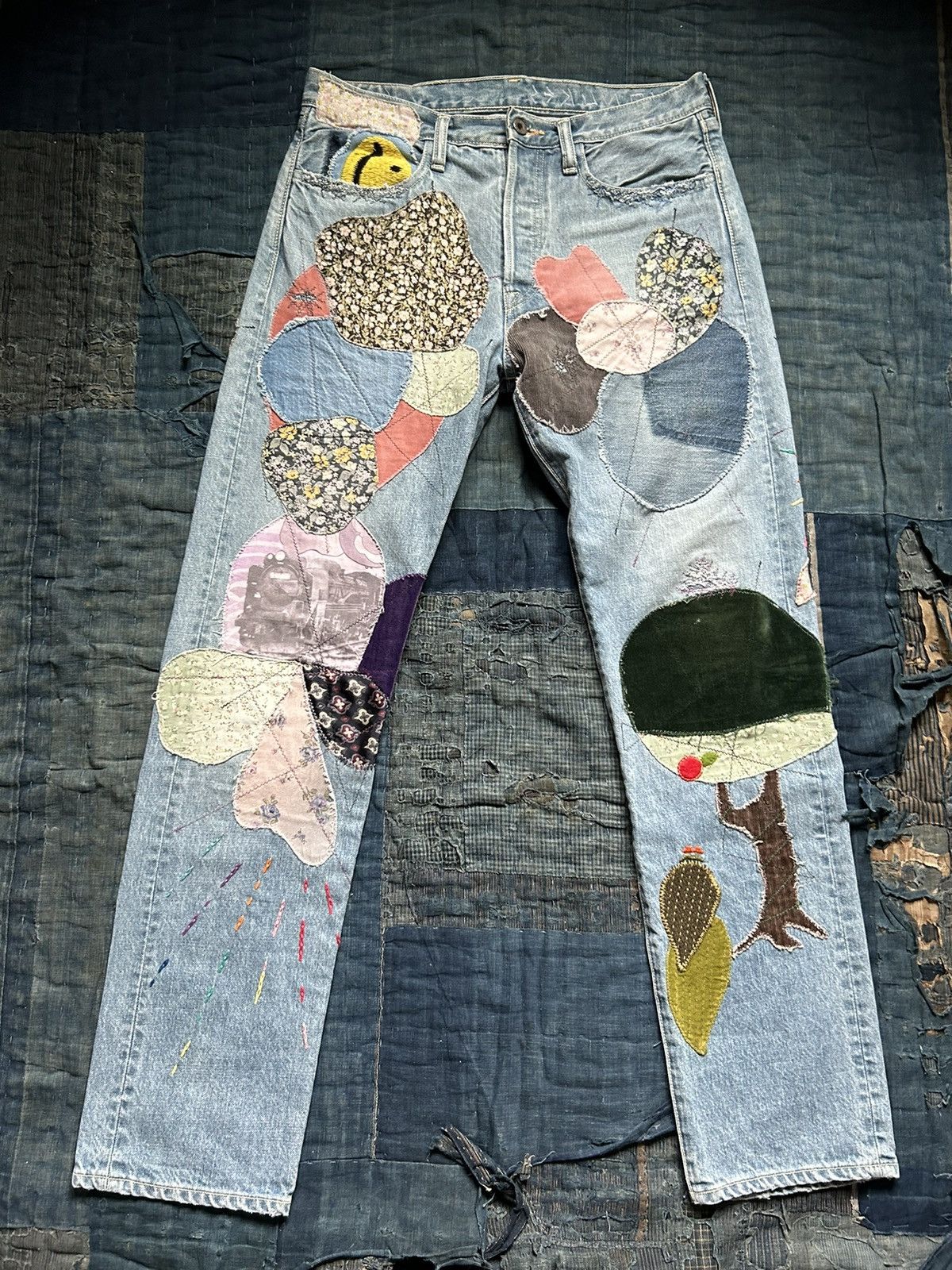Kapital flare star apple tree patchwork denim