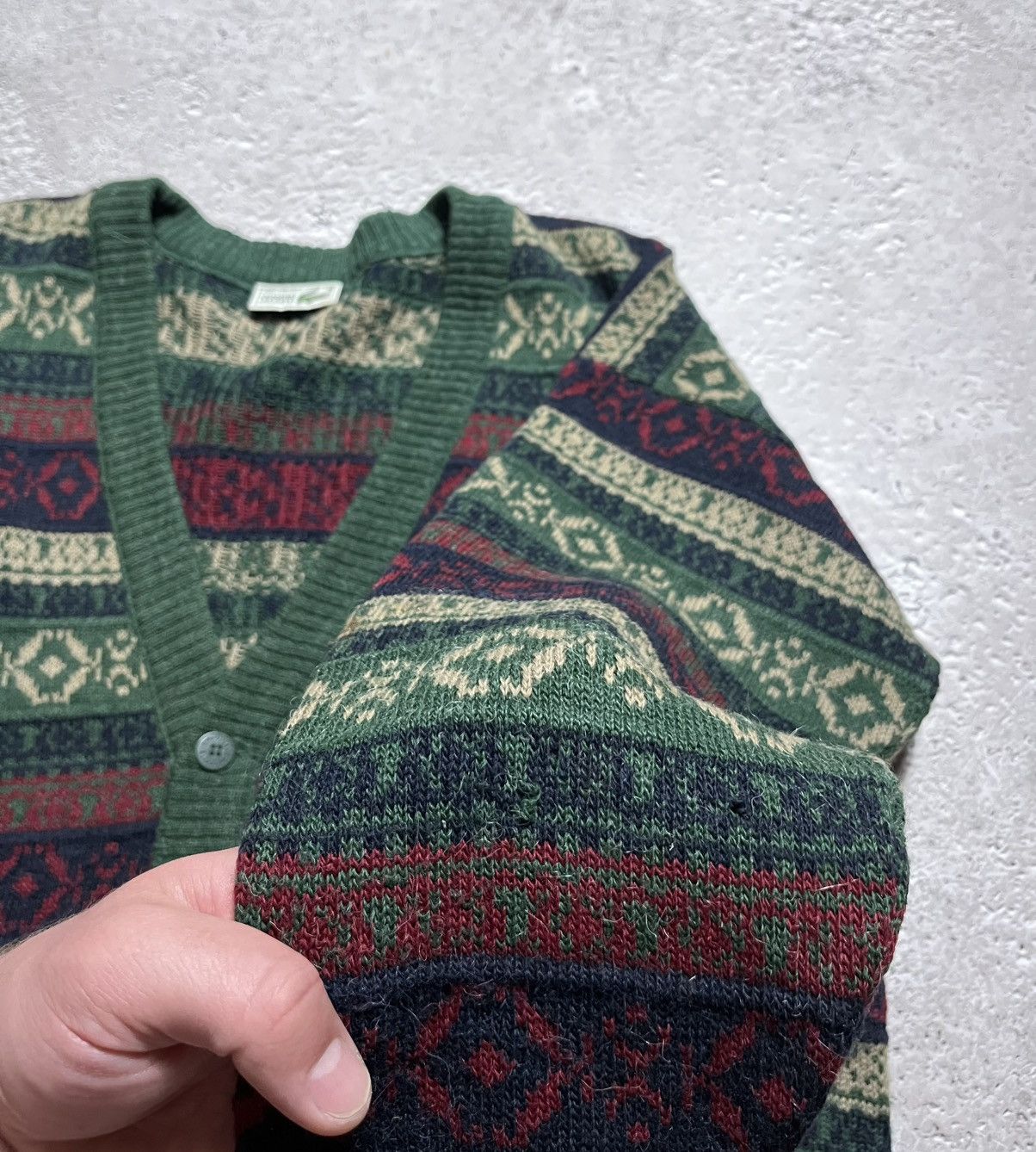 Lacoste × Vintage Vtg Lacoste Fair Isle Knit Cardigan Green Red Alpaca Wool Size US L / EU 52-54 / 3 - 13 Thumbnail