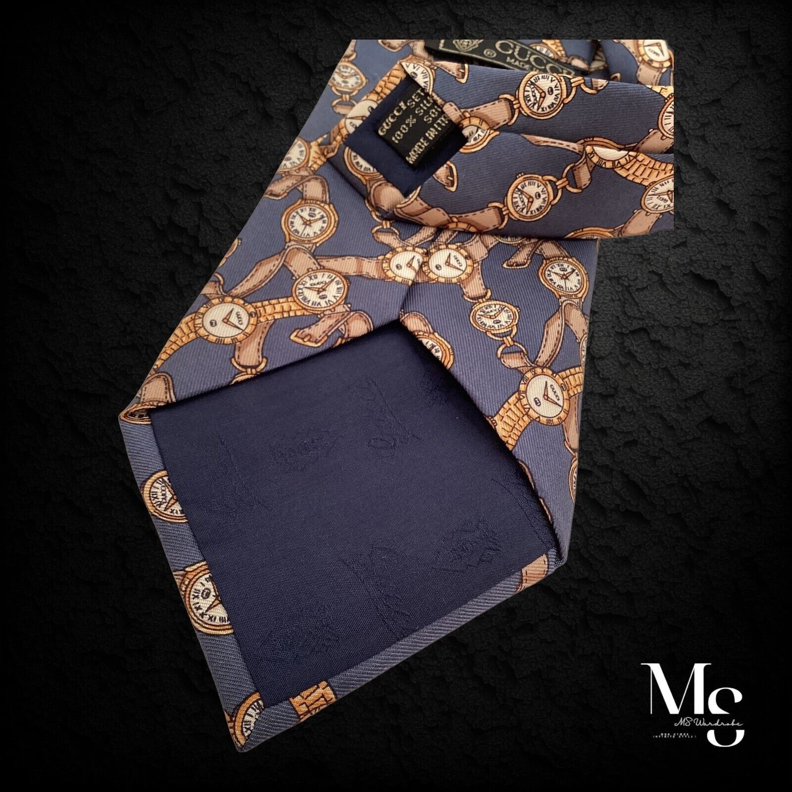 Gucci GUCCI Blue Watches Print Silk Tie Made In Italy W: 3.7" EC Size ONE SIZE - 5 Thumbnail