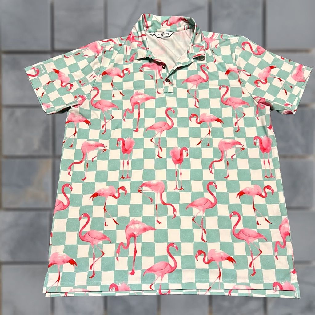 Vintage Kenny Flowers Polo Shirt Mens Large Flamingo Checkered White Green Everyday L Regular Men Green Flamingo Polo Shirt Size US L / EU 52-54 / 3 - 1 Thumbnail