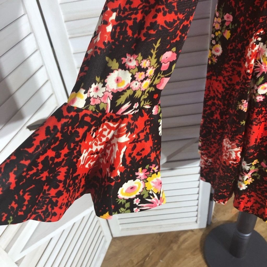 Vintage 70s boho mod floral red black midi dress trumpet sleeves L Size M / US 6-8 / IT 42-44 - 7 Thumbnail