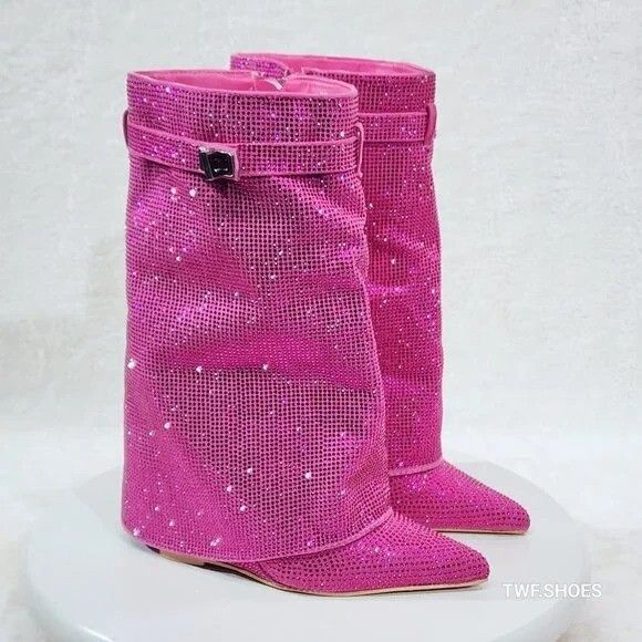 Other Betty Sparkling Pink Rhinestone Skirted Fold Over Calf Boots Size US 6 / IT 36 - 1 Thumbnail