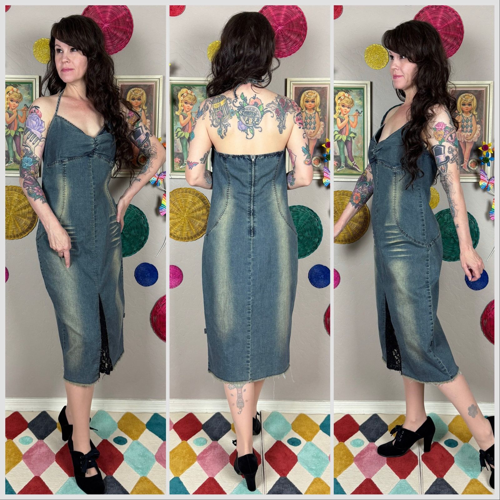 Vintage Vintage 1990s Blue Halter Neck Stretch Denim Jean Dress Size M / US 6-8 / IT 42-44 - 2 Thumbnail