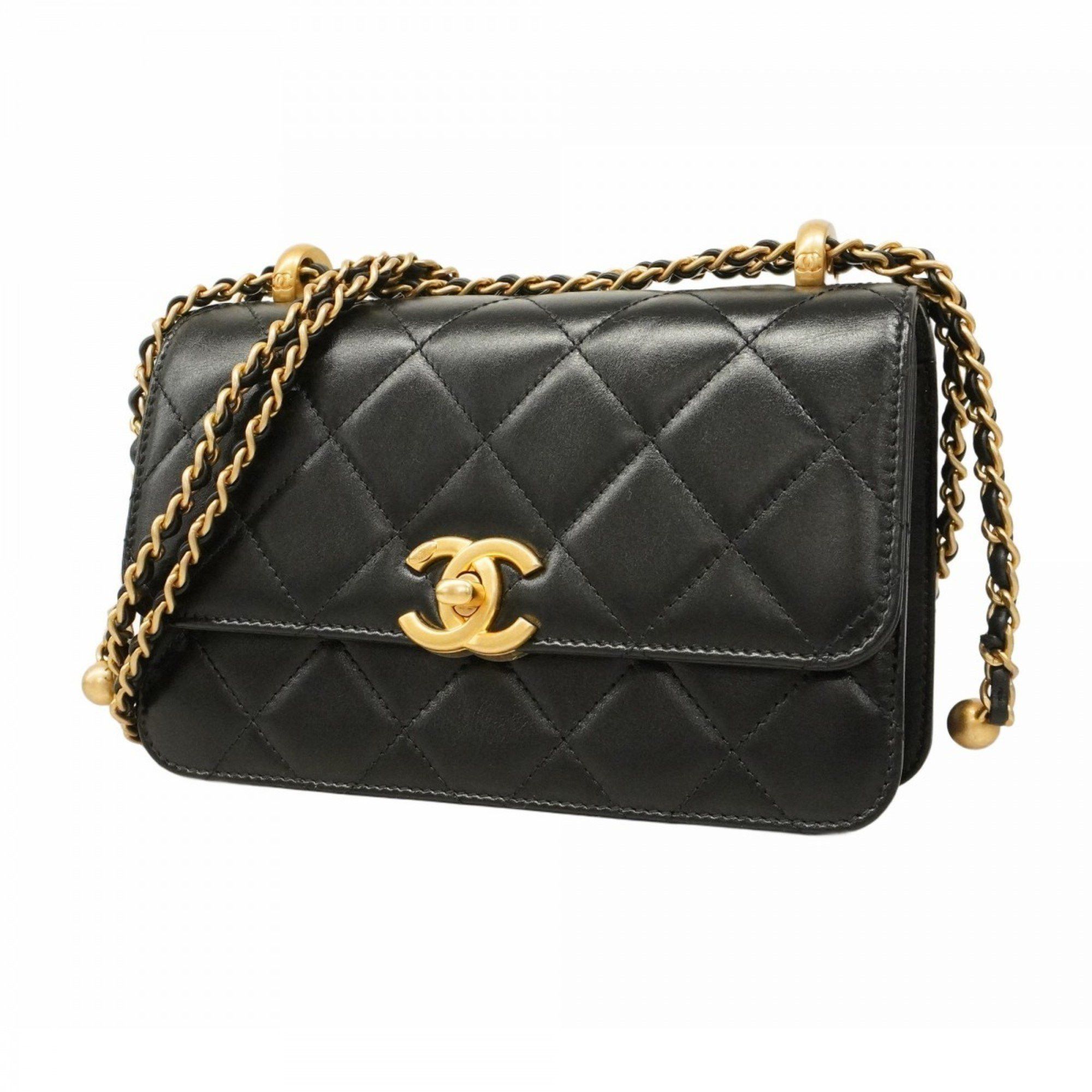 Chanel Shoulder Bag Mini Matelasse W Chain Lambskin Black Women's