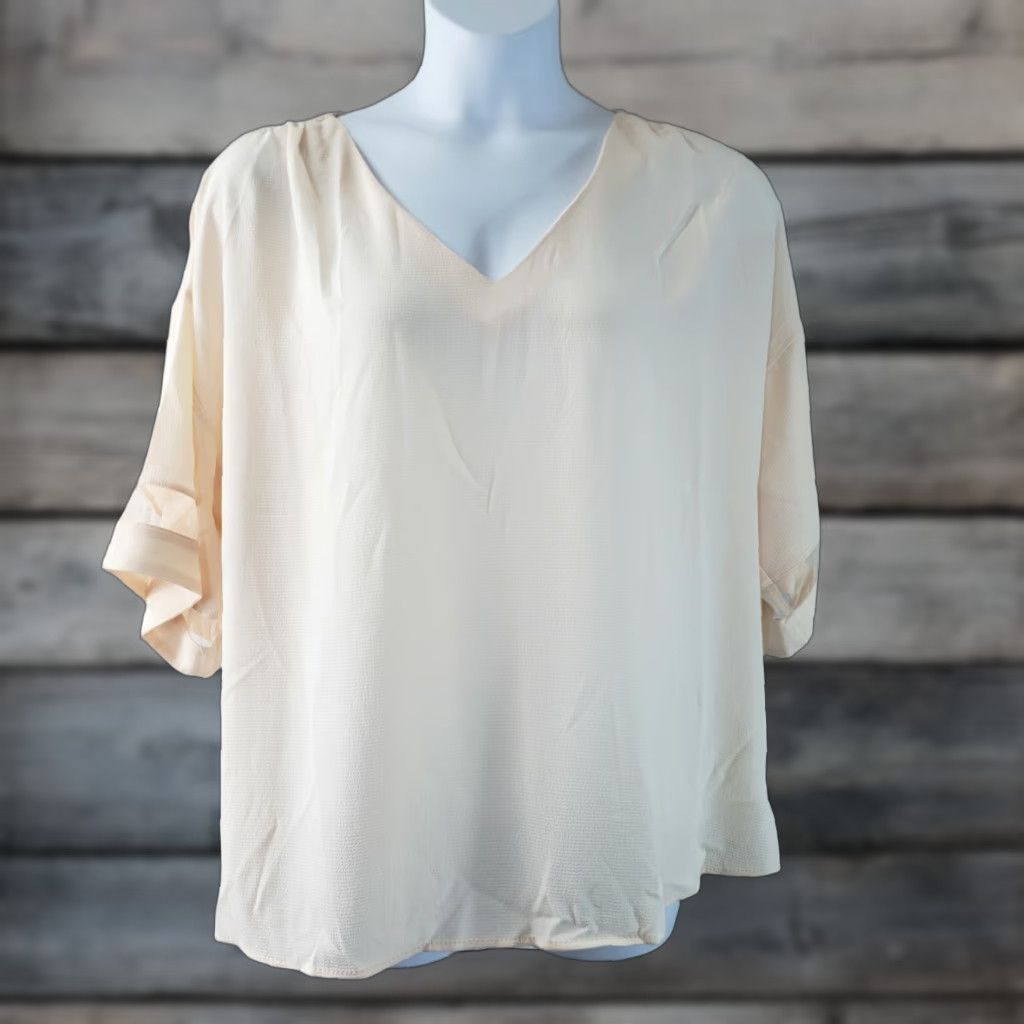Vintage Maurices Womens Blouse Sz 3 Cream Short Sleeve V-Neck Size XS / US 0-2 / IT 36-38 - 1 Thumbnail