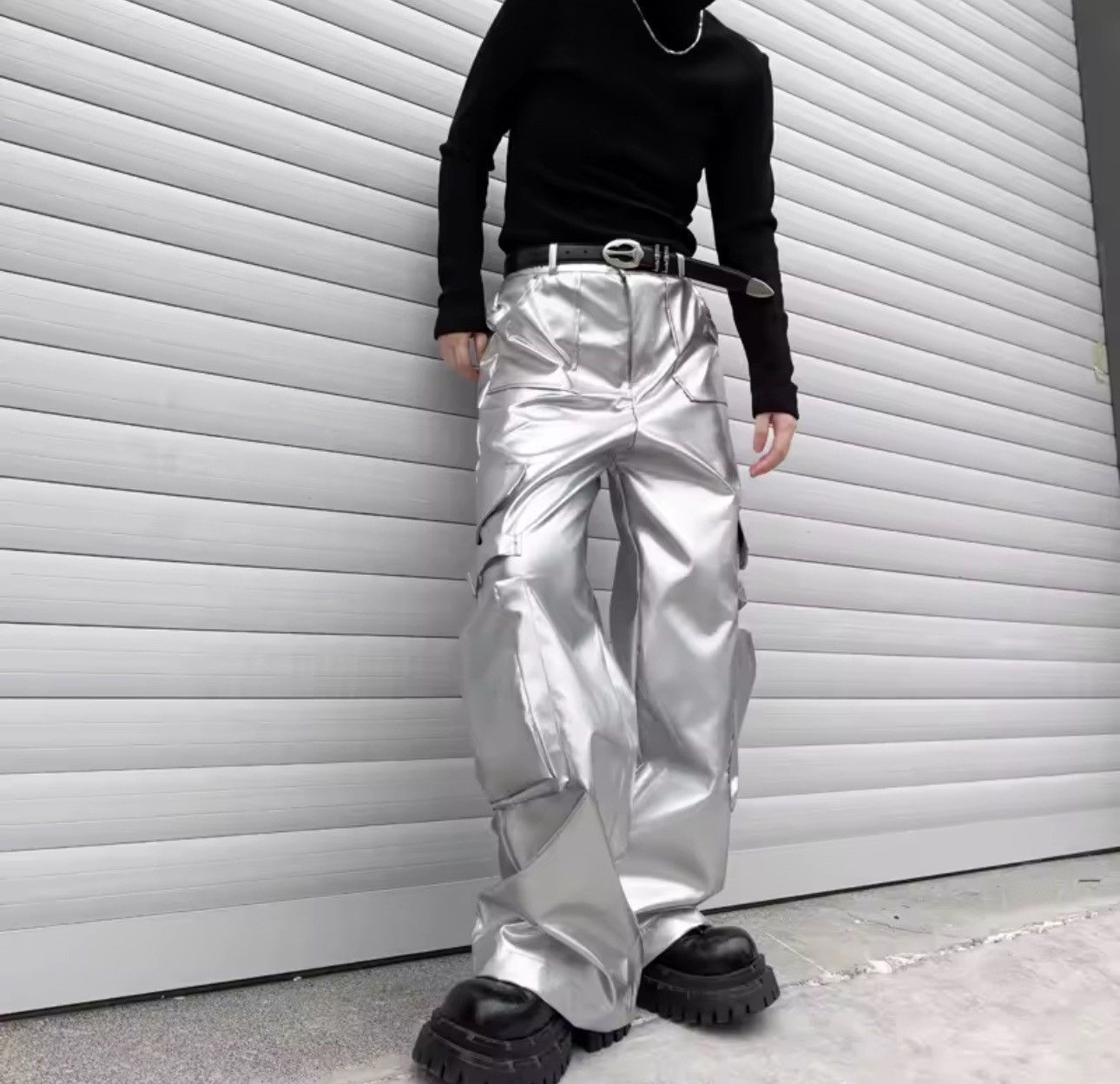 Other Streetwear Silver Loose Leather Hip Hop Pockets Pants Size US 33 - 5 Thumbnail