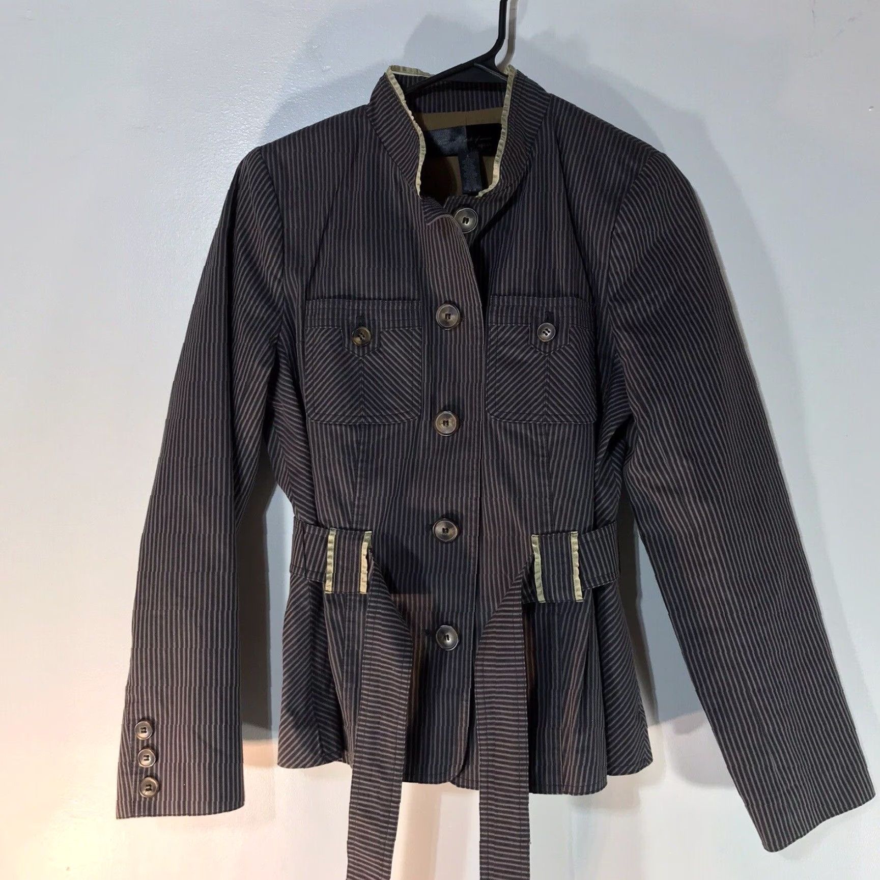 Vintage Apostrophe Women's Blue/Gray Striped Cotton Denim Jacket Mid-Length Belted Long Sleeve Size 6 Size M / US 6-8 / IT 42-44 - 2 Thumbnail