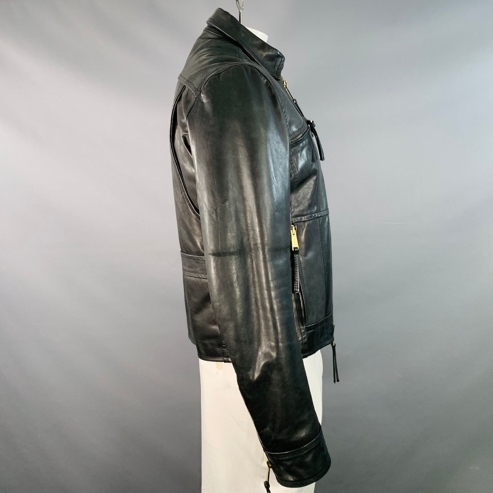 Dsquared2 DSQUARED2 Size XL Black Leather Zip Up Motorcycle Jacket Size US XL / EU 56 / 4 - 4 Thumbnail