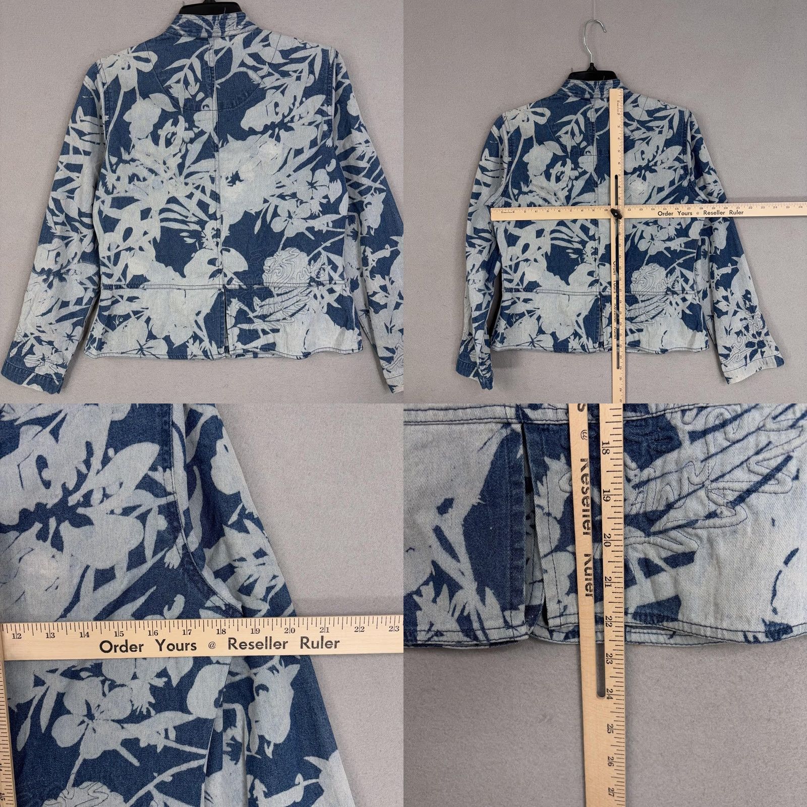 Vintage Chico's Jacket Womens S Blue Floral Denim Button Front Stand Collar Short Size S / US 4 / IT 40 - 8 Thumbnail