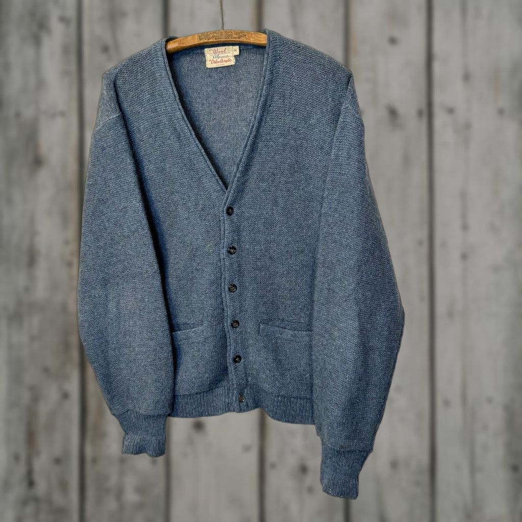 VINTAGE 60s 70s Blue Alpaca Wool Cardigan Unisex Adults Medium