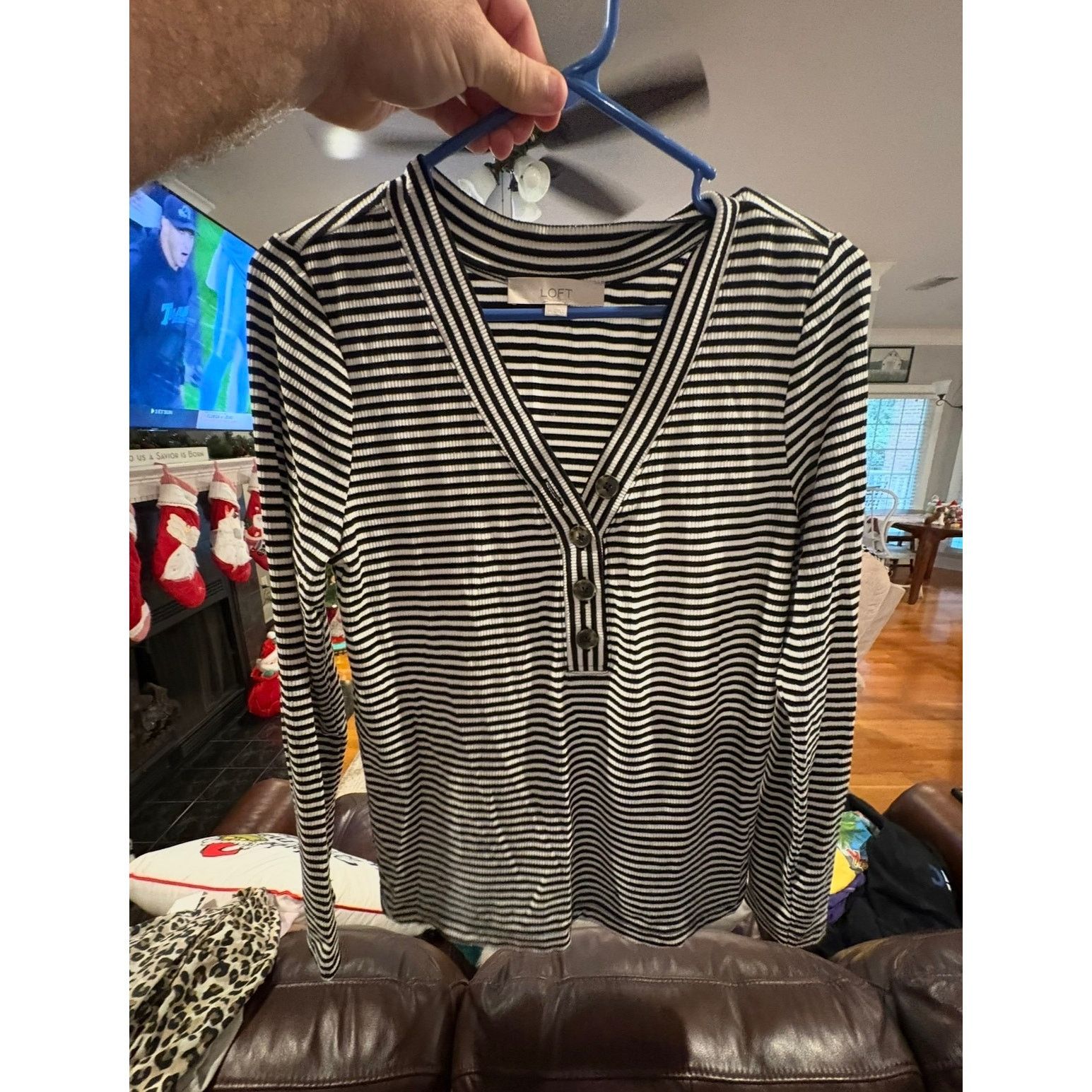 Loft LOFT Women’s Medium Striped Ribbed Henley Sweater Size M / US 6-8 / IT 42-44 - 2 Thumbnail