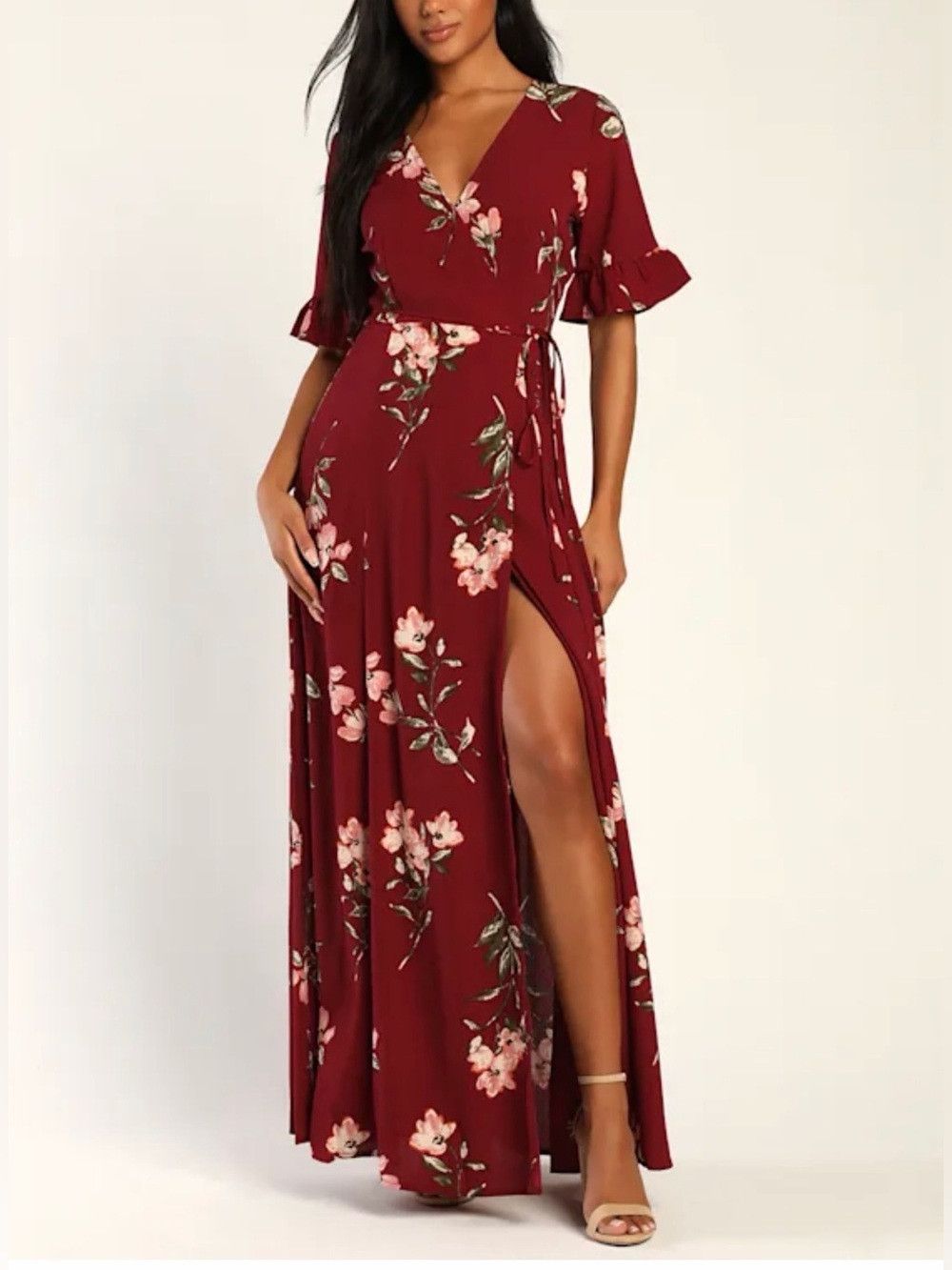 Lulus September Sunsets Burgundy Floral V-neck Wrap Maxi Dress Size S / US 4 / IT 40 - 1 Thumbnail