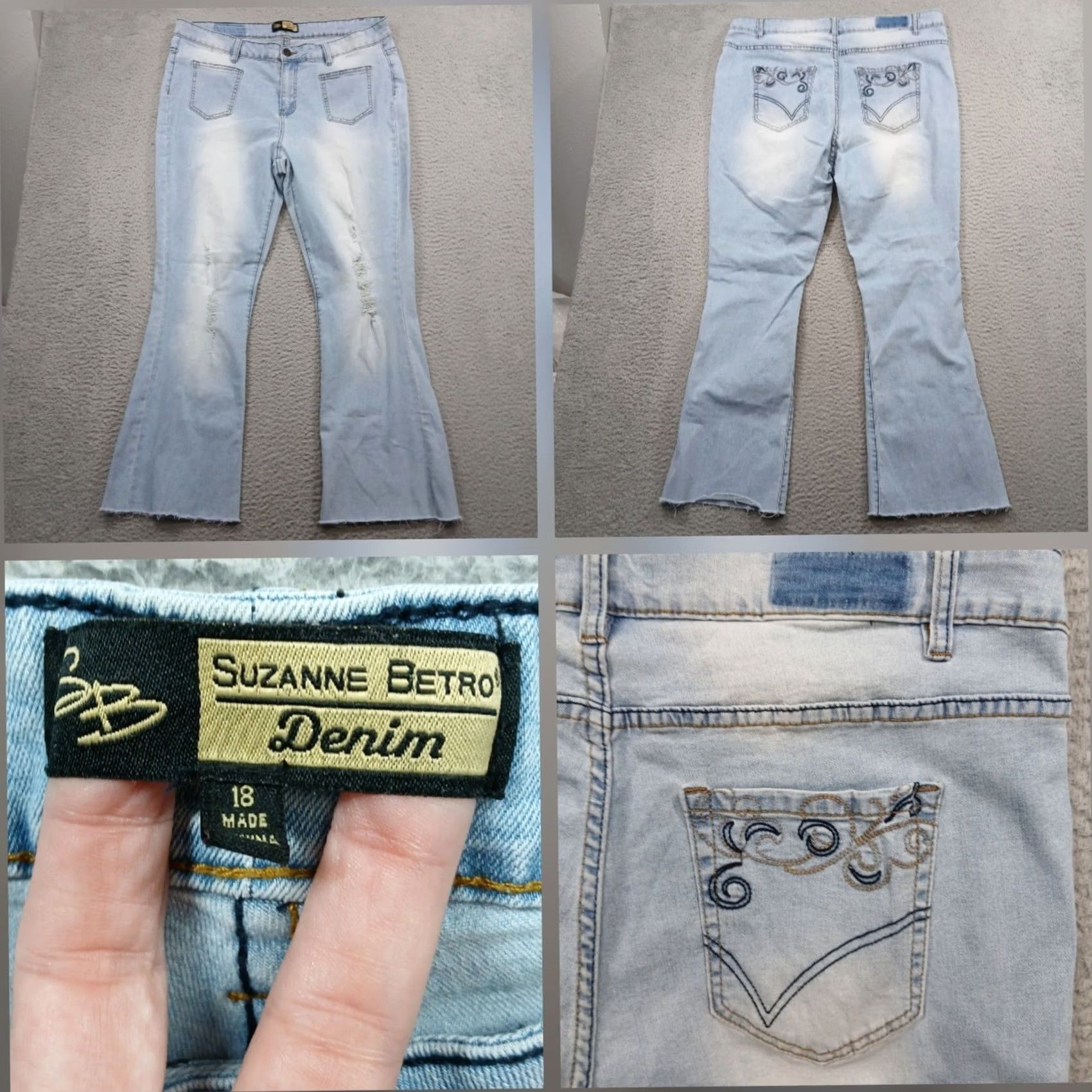 Vintage Suzanne Betro Denim Jeans Women's 18 Light Wash Distressed Flare Frayed EUC Size 40" / US 18 - 2 Thumbnail