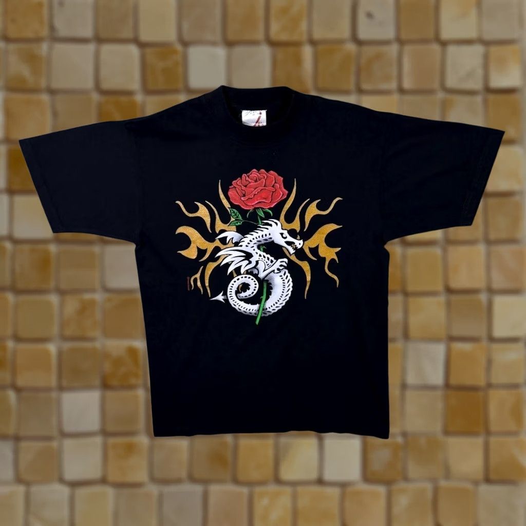 Vintage VINTAGE JT's Goth Y2K Tribal Dragon Rose Tattoo Graphic Black Cotton T-Shirt Small Mens Short Sleeve Round Neck Graphic Print 100% Cotton Vintage Size US S / EU 44-46 / 1 - 1 Thumbnail