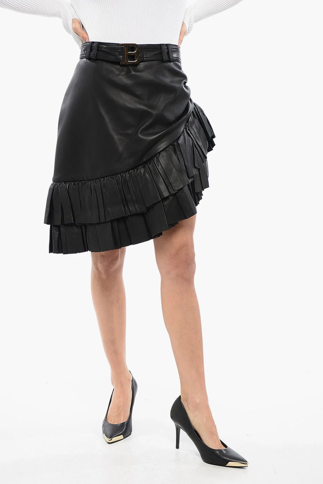 Balmain og1mm0326 Asymmetric Leather Mini Skirt in Black Size 34" / US 12 / IT 48 - 1 Thumbnail