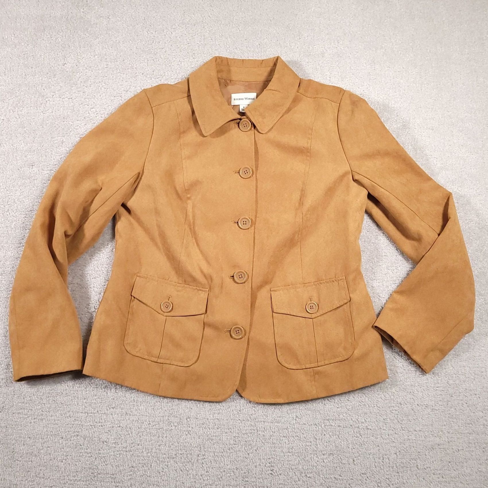 Vintage Studio Works Faux Suede Button Up Shirt Women's 8 Tan Long Sleeve Collared Lined Shirt Size M / US 6-8 / IT 42-44 - 2 Thumbnail