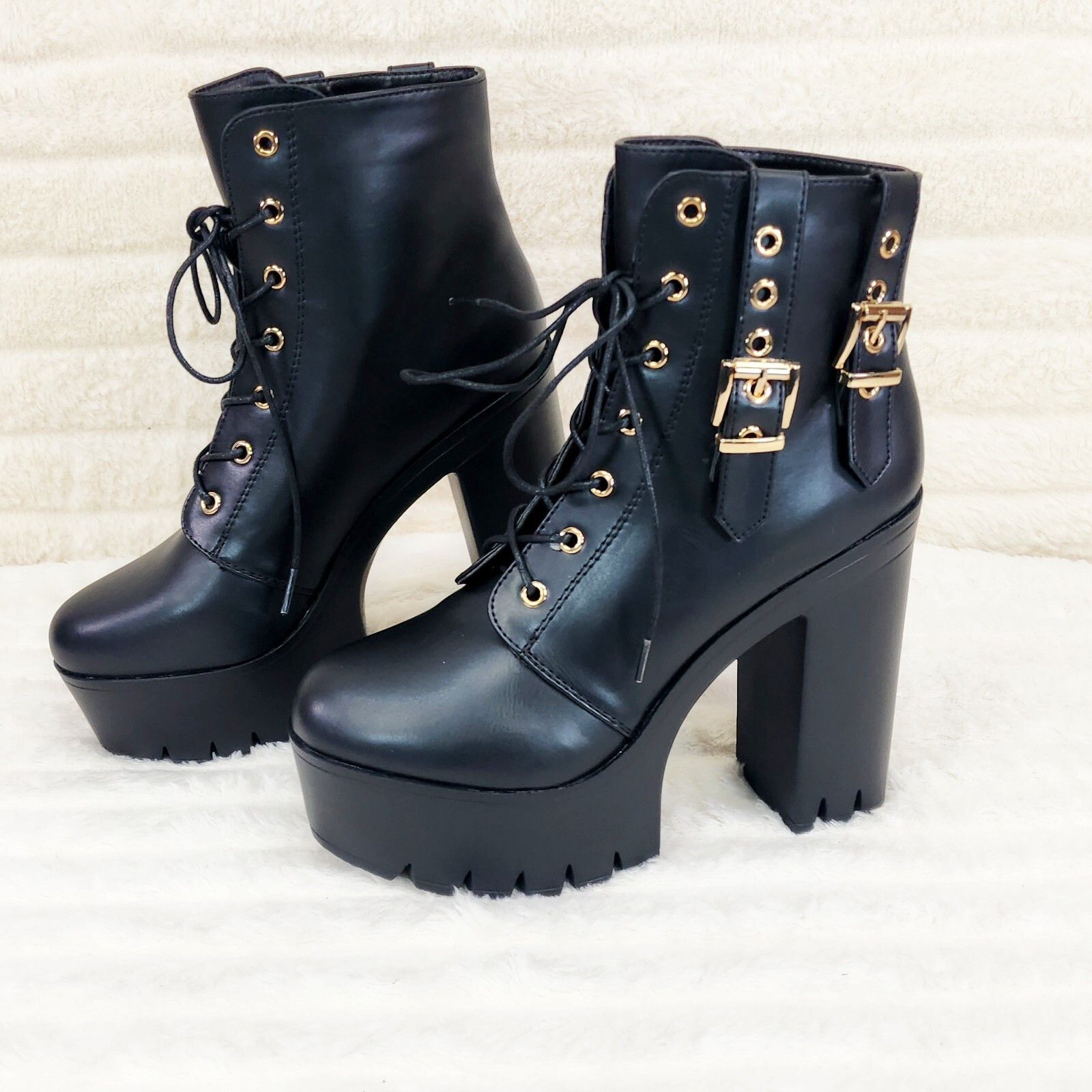 Other Linda Black Chunky Block Heel Lave Up Ankle Boots Brand New Size US 6 / IT 36 - 1 Thumbnail