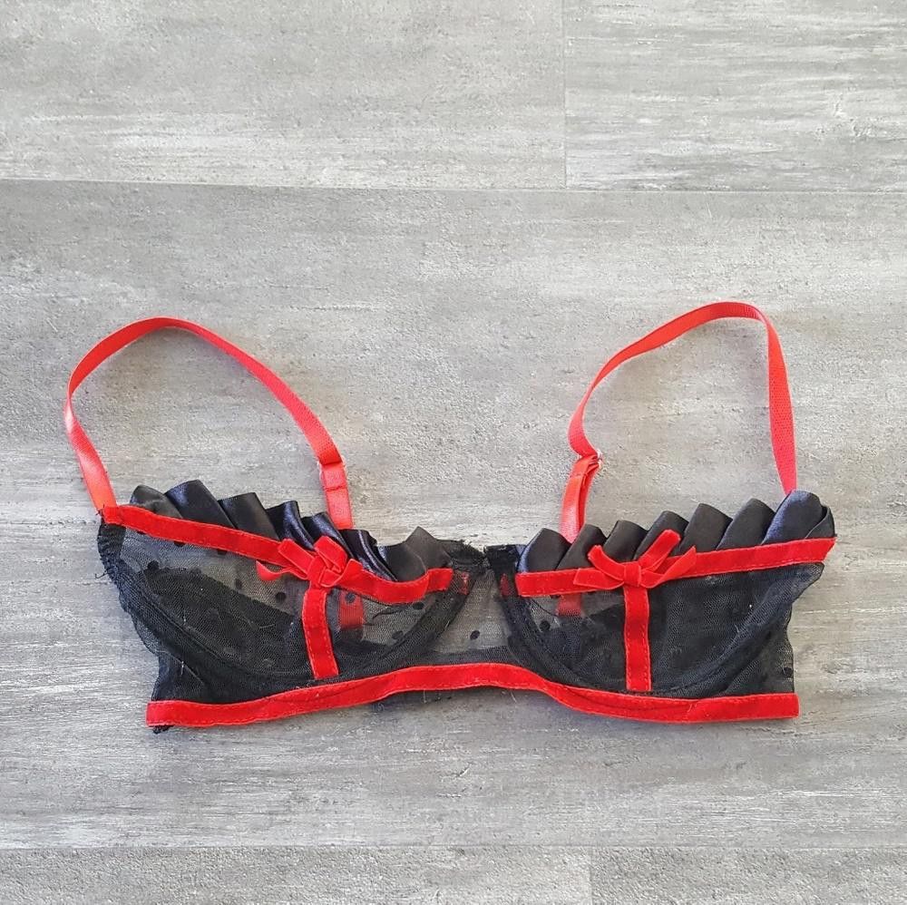 Designer Black Red Sheer Peepshow Playtime Demi Bra Size ONE SIZE - 1 Thumbnail