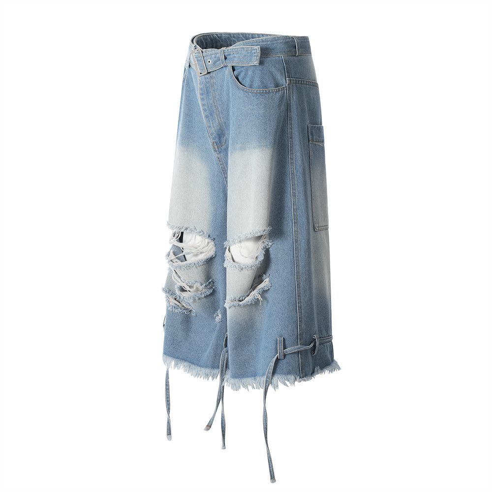 Japanese Brand × Jean Men's American street loose wide-leg ripped denim shorts Size US 32 / EU 48 - 2 Thumbnail