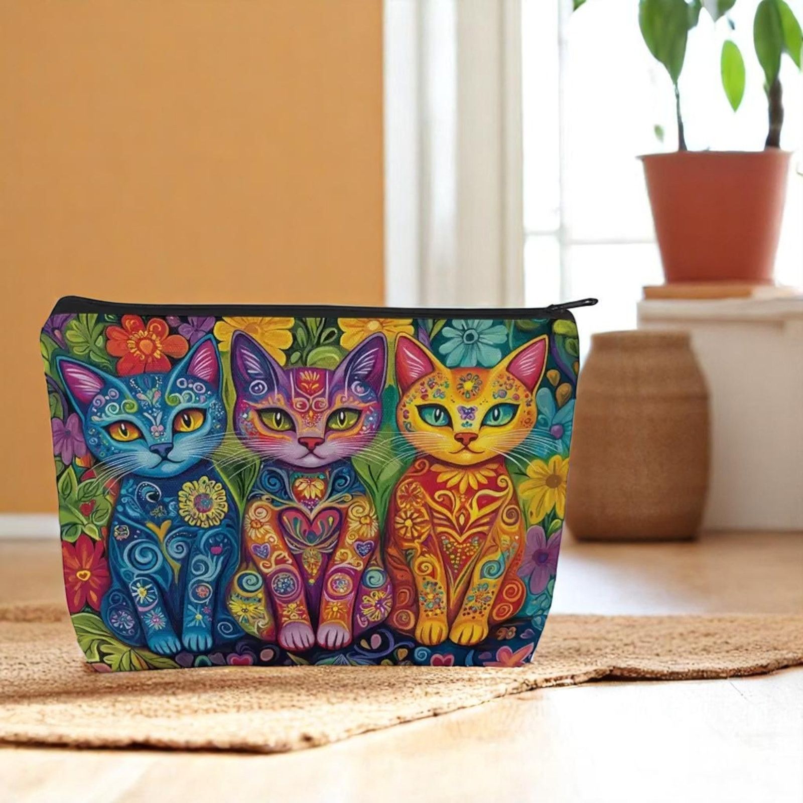 Other Cat Trio Psychedelic Makeup Bag Colorful Art Cosmetic Pouch Size ONE SIZE - 2 Thumbnail