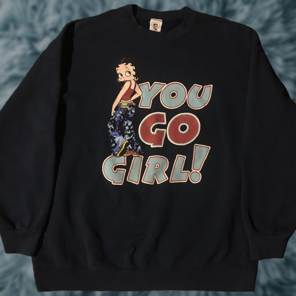 Vintage VINTAGE Betty Boop You Go Girl Sweatshirt XL Cartoon Hip Hop Retro Rap TV Movie 90s Men Blue Hoodie Pullover 80s 90s USA Disney Basketball | Mens Size US XL / EU 56 / 4 - 1 Thumbnail