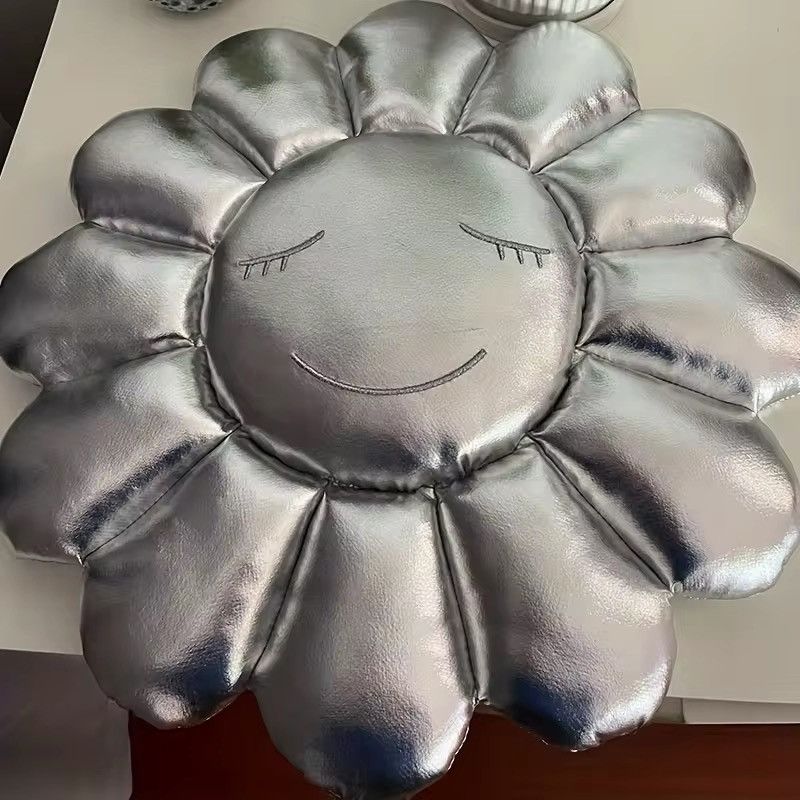Designer × Handmade Design Silver Sunflower Smile Bedroom Cushion Size ONE SIZE - 2 Thumbnail