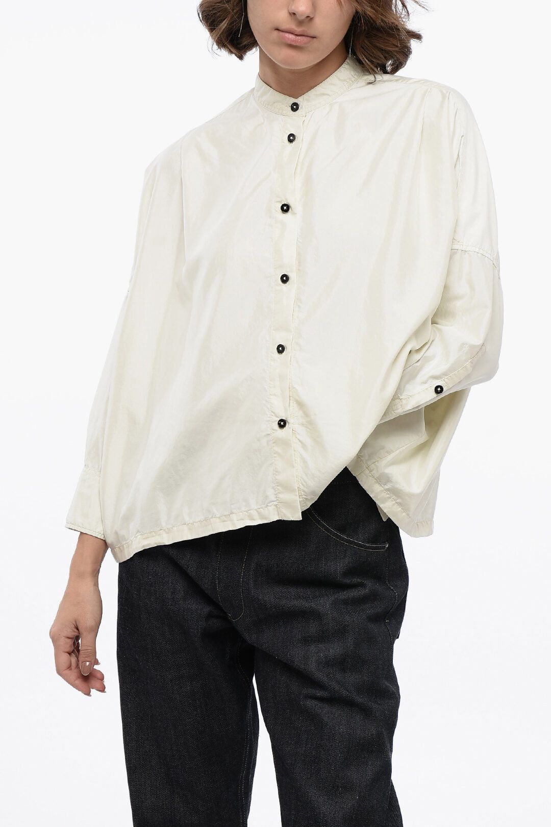 Jil Sander og1mm1225 Mandarin Collar Silk Blend Shirt in White Size S / US 4 / IT 40 - 1 Thumbnail