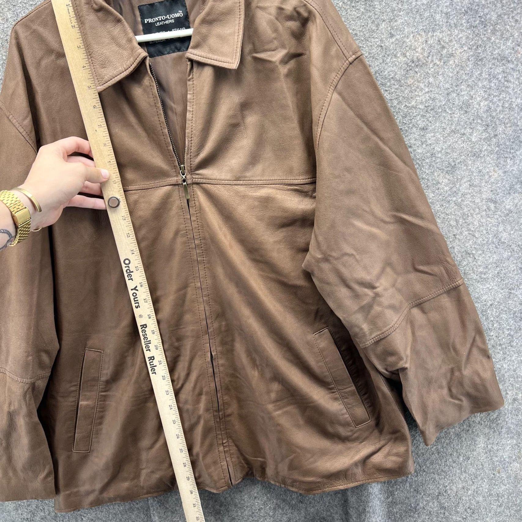 Pronto Uomo Pronto Uomo Leather Jacket Mens Large Brown Zip Front Genuine Coat Outerwear Size US L / EU 52-54 / 3 - 5 Thumbnail