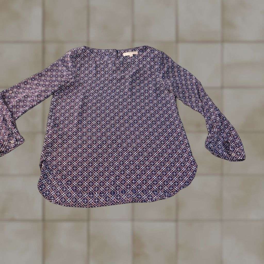 Ann Taylor Loft Blouse Women S Blue Geometric Polyester Round Neck Pullover Casual Short Sleeve Long Sleeve Buttoned Lightweight Ann Taylor Loft Regular Size S / US 4 / IT 40 - 1 Thumbnail