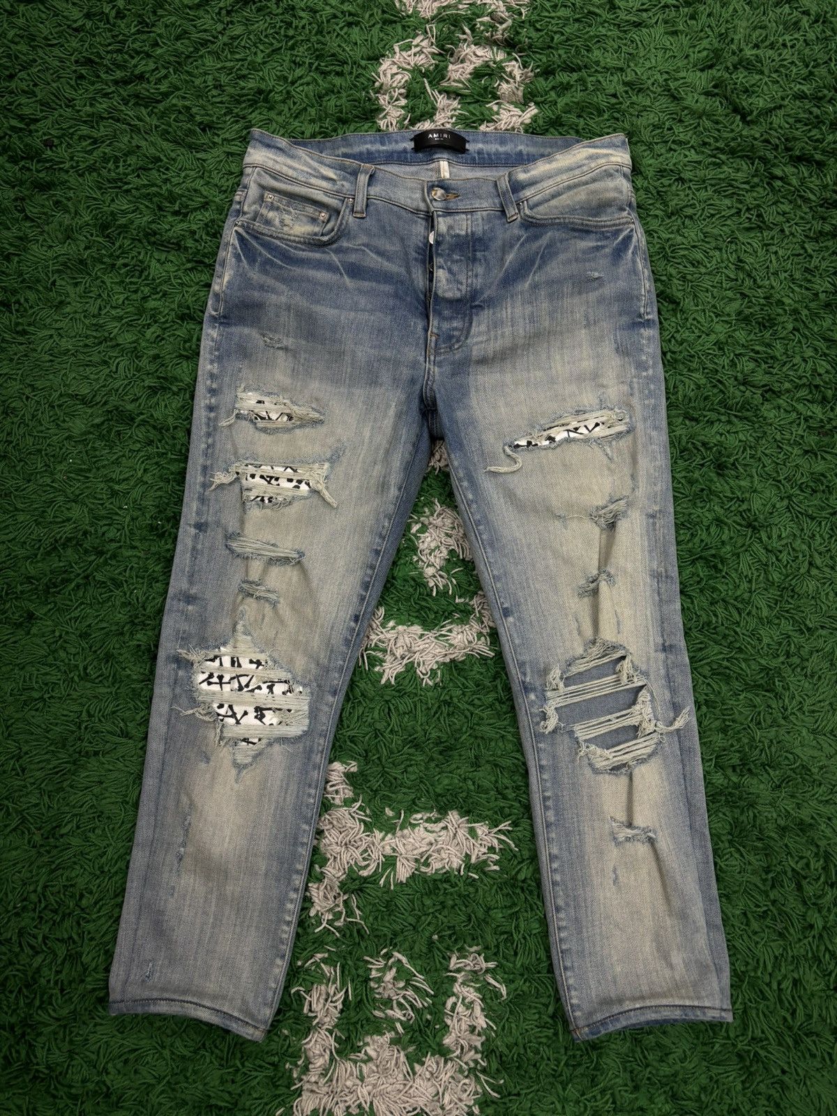 image of Amiri Denim Jeans 34 Blue White Black Bone Patch Mx1, Men's