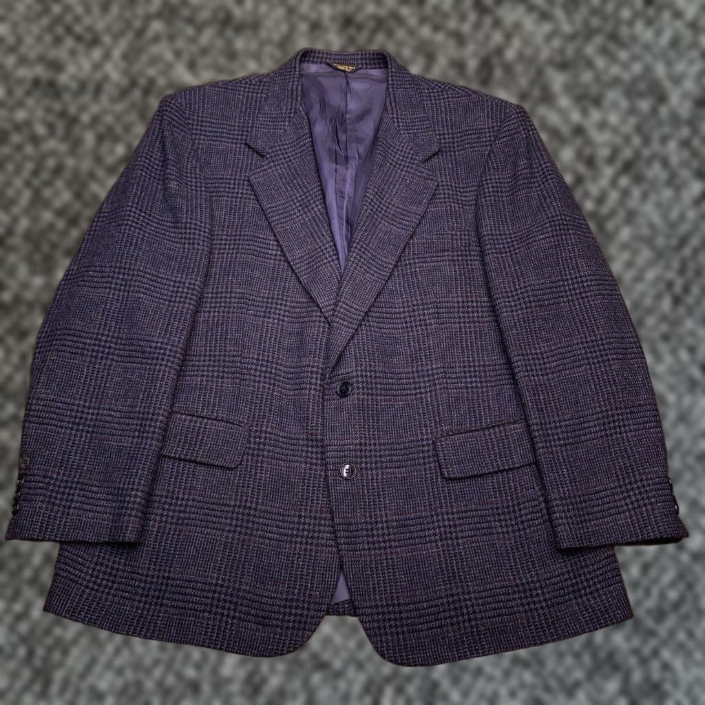 Farah VINTAGE Farah Blazer Jacket Blue Wool Tweed Herringbone Plaid Sport Coat 44R Men Regular Notch Lapel Single-Breasted Two-Button Front Size 44R - 1 Thumbnail