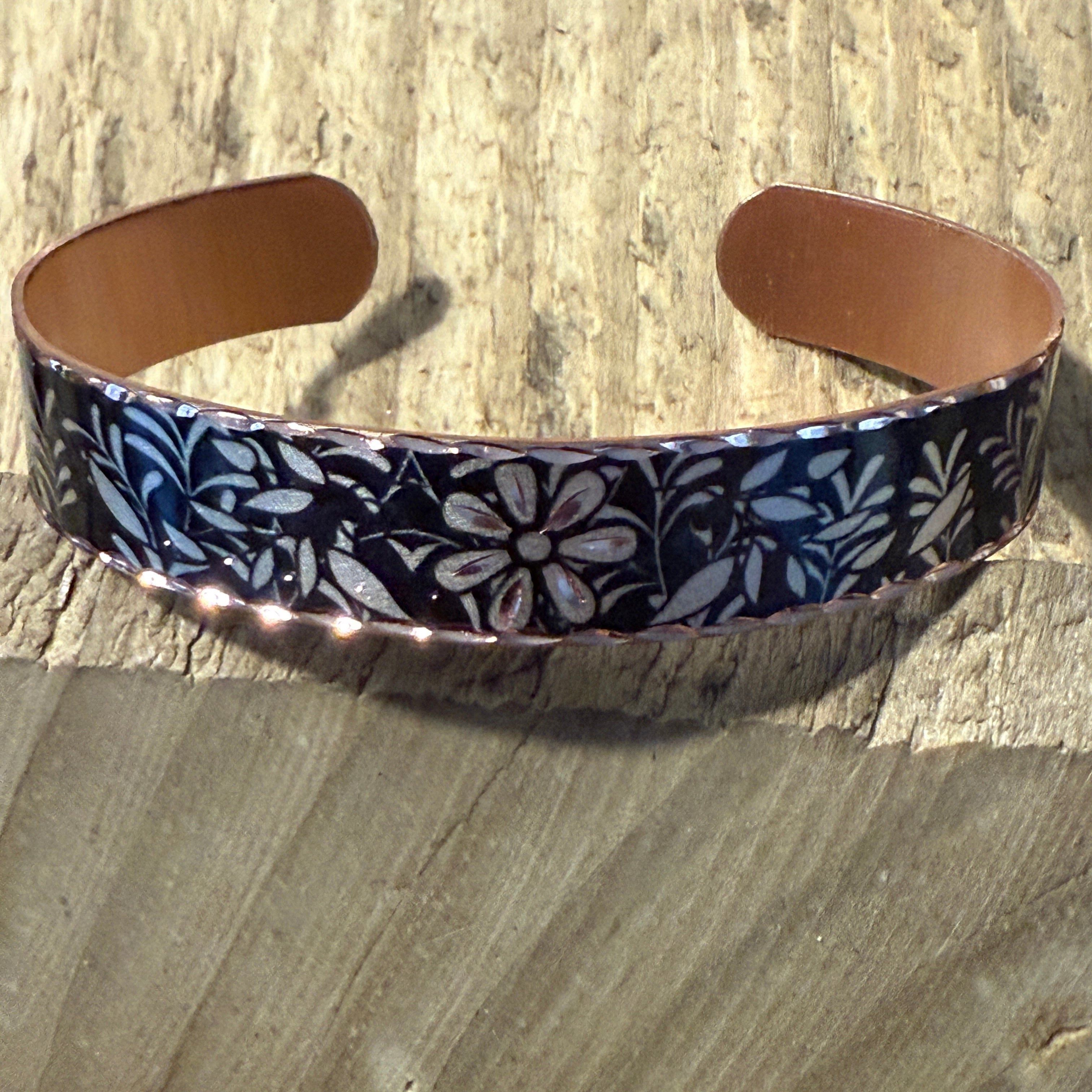Other Handcrafted Copper Black Diamond Floral Narrow Cuff Bracelet Size ONE SIZE - 6 Thumbnail