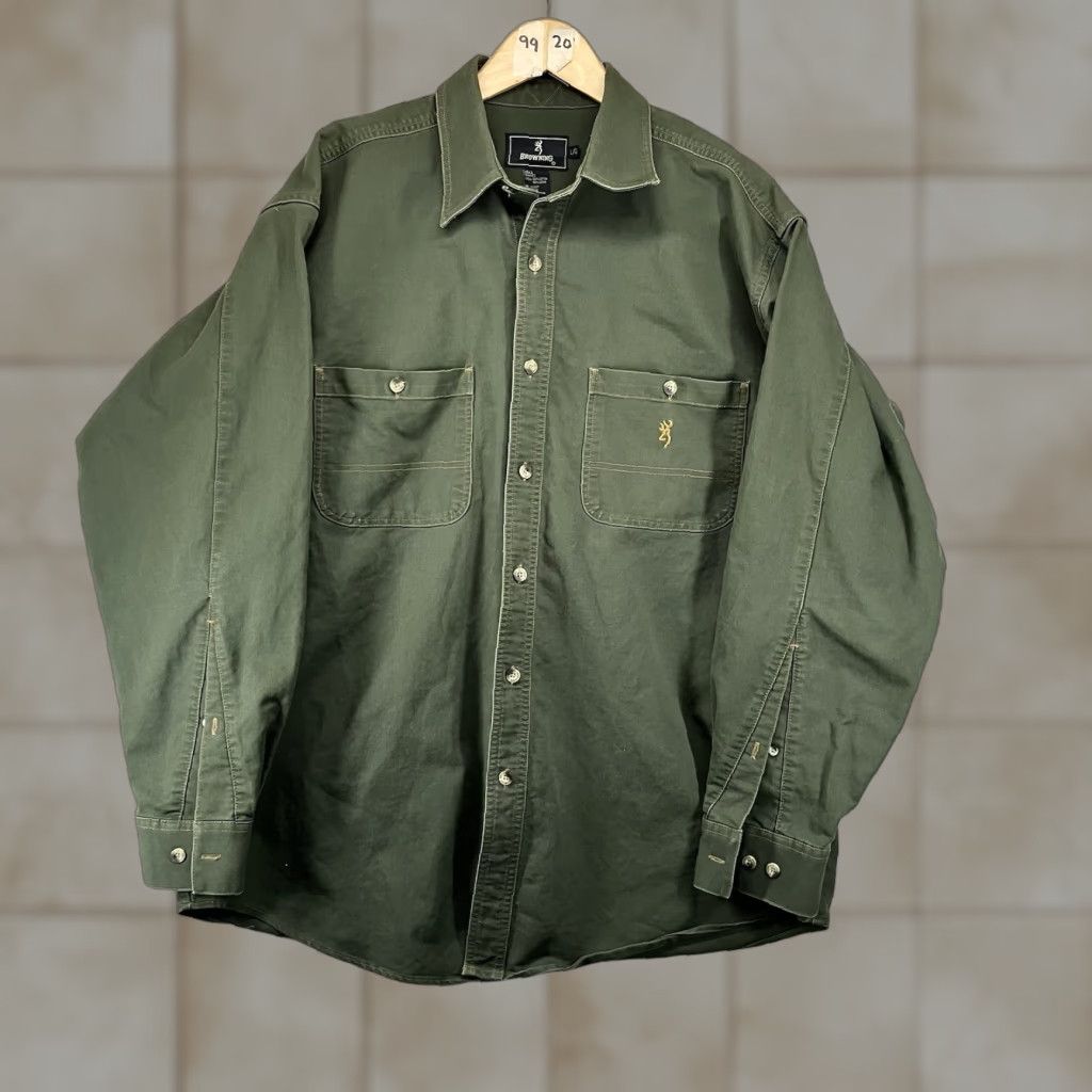 Vintage VINTAGE Browning Shirt Mens Large Green Textured Chest Pockets Point Collar Heavy Cotton Casual Workwear All Seasons Long Sleeve Logo Button-Front Size US L / EU 52-54 / 3 - 1 Thumbnail