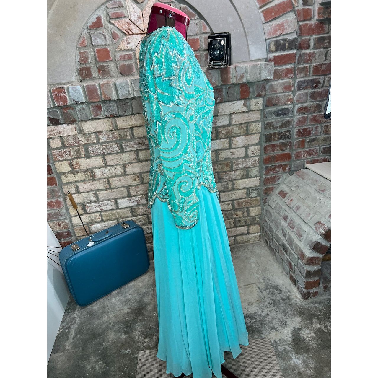 Other dress formal beaded 100% silk swing skirt shoulder pads blue Size M / US 6-8 / IT 42-44 - 11 Thumbnail