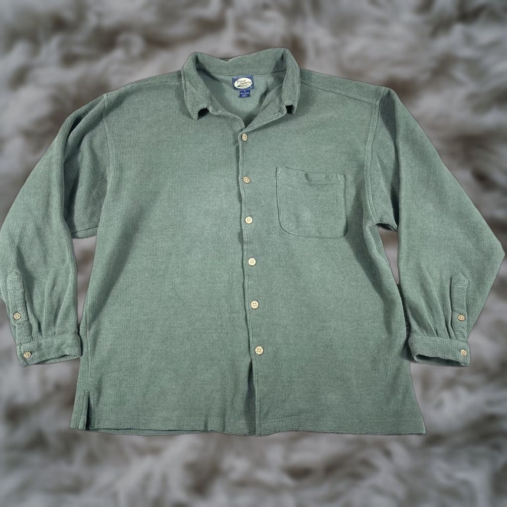 VINTAGE Tommy Bahama Shacket Shirt Mens XL Green Button-Up Thermal Waffle Knit Shacket
