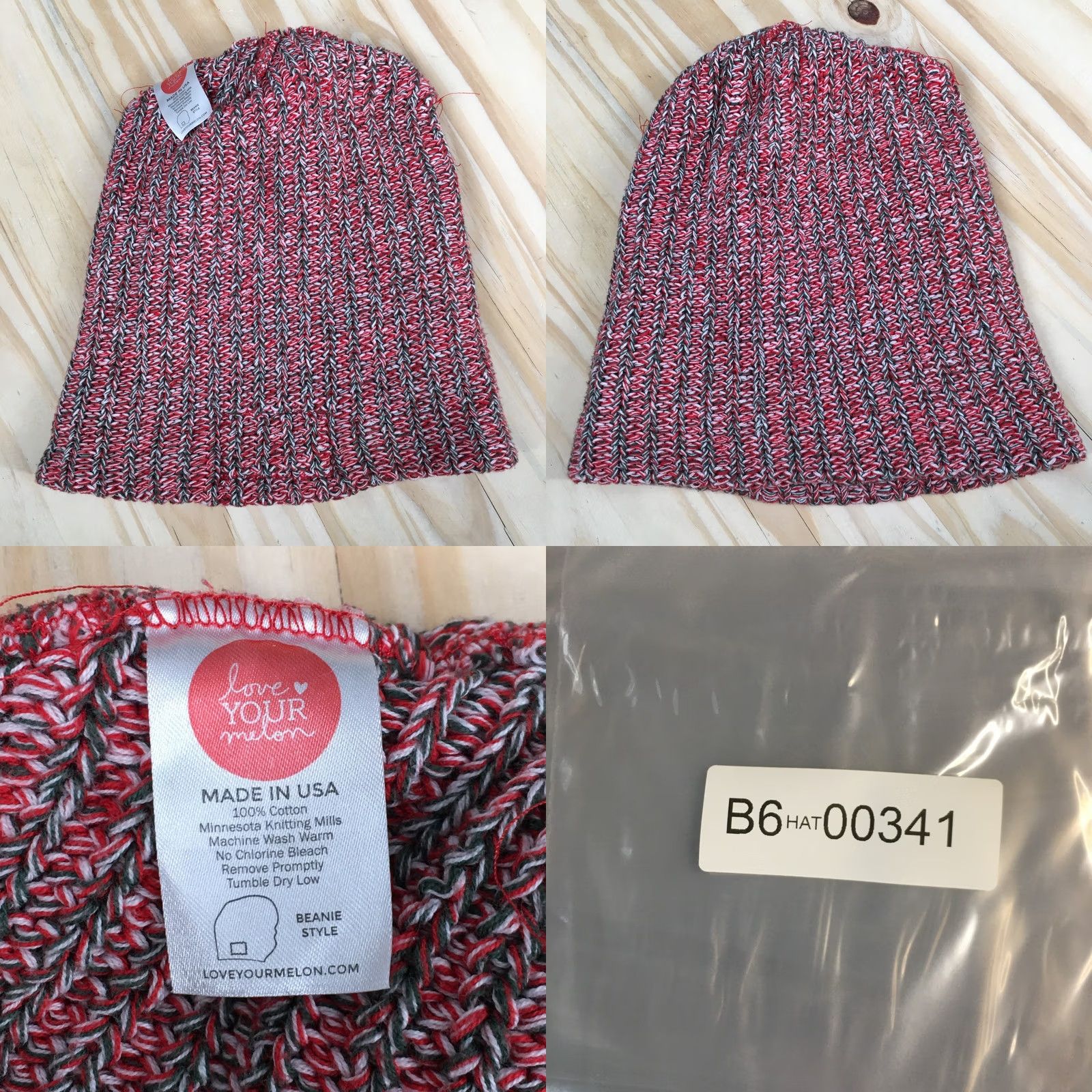 Vintage Love Your Melon Beanie Hat Womens One Size Adjustable Cotton Red Winter Size ONE SIZE - 8 Thumbnail
