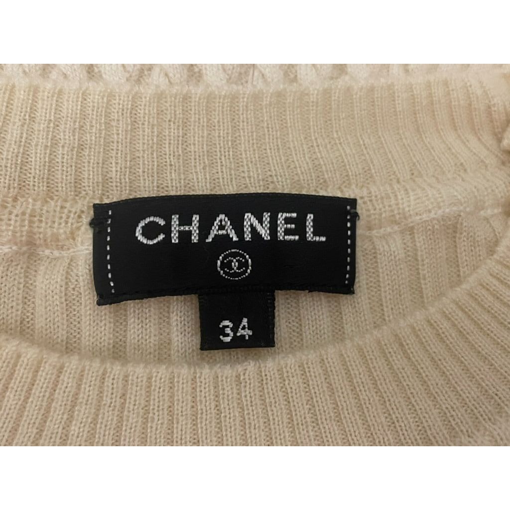 Chanel Chanel Cream Ribbed Knit Sweater With Button Shoulder Detail Size XXS / US 00 / IT 34 - 10 Thumbnail